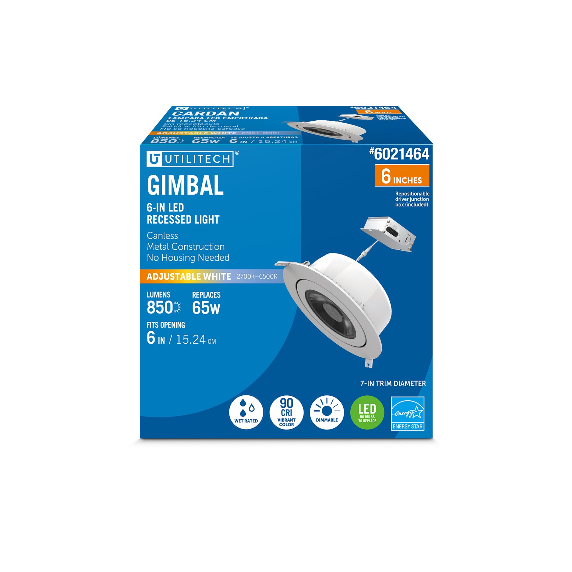 slide 1 of 5, Utilitech White 5-in 850 -Lumens Switchable white Round Dimmable LED Canless Wet rated Recessed Downlight, 1 ct