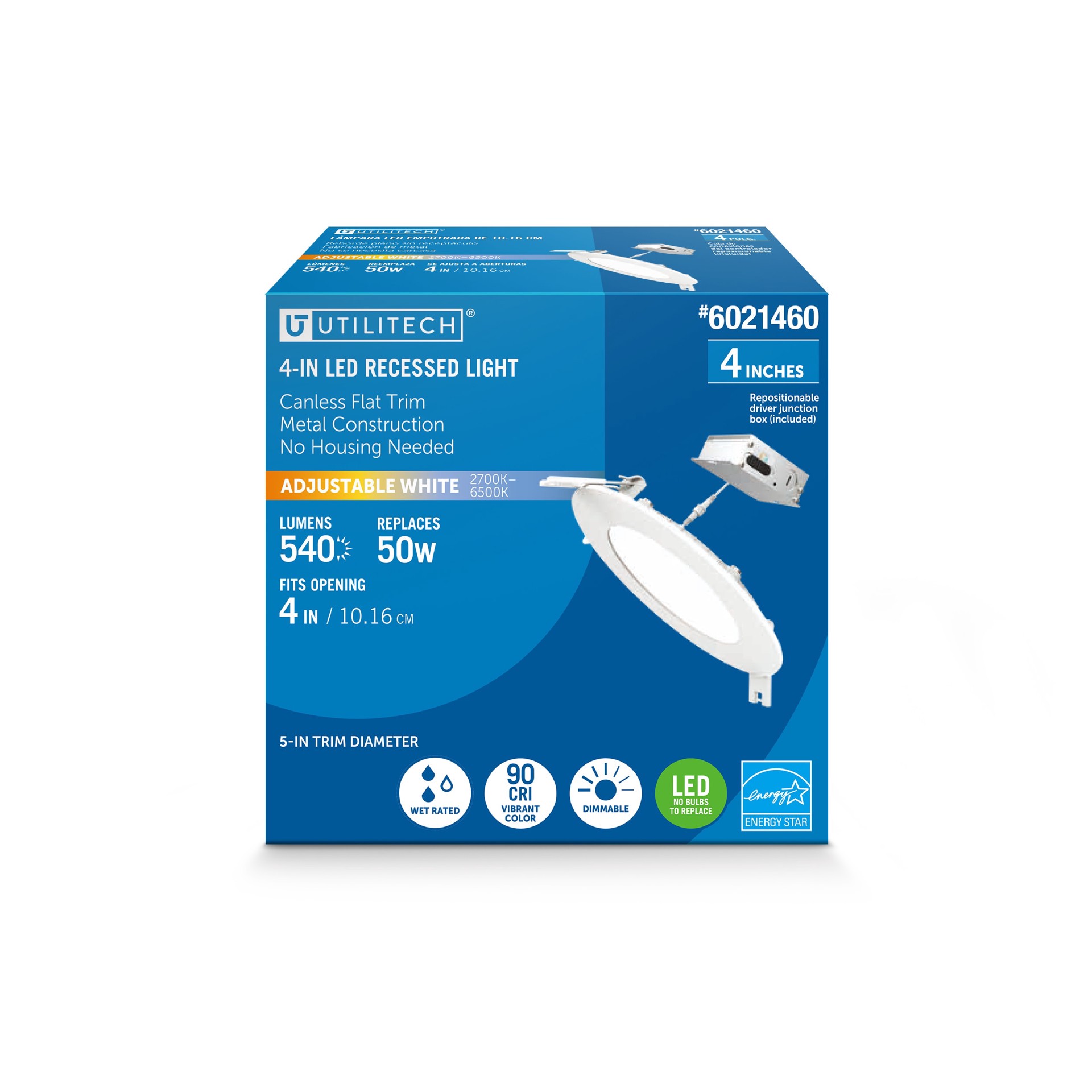 slide 1 of 6, Utilitech White 4-in 540 -Lumens Switchable white Round Dimmable LED Canless Wet rated Recessed Downlight, 1 ct