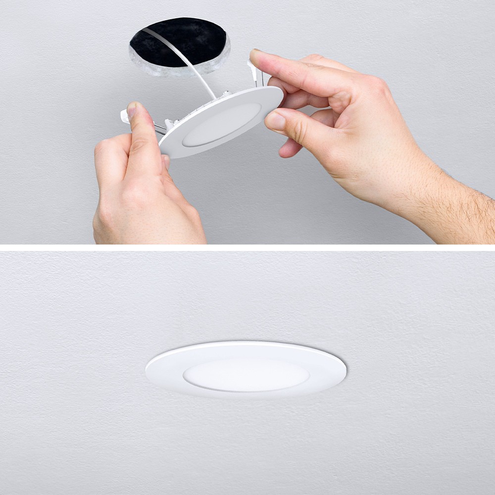 slide 5 of 6, Utilitech White 4-in 750 -Lumens Switchable white Round Dimmable LED Canless Wet rated Recessed Downlight, 1 ct