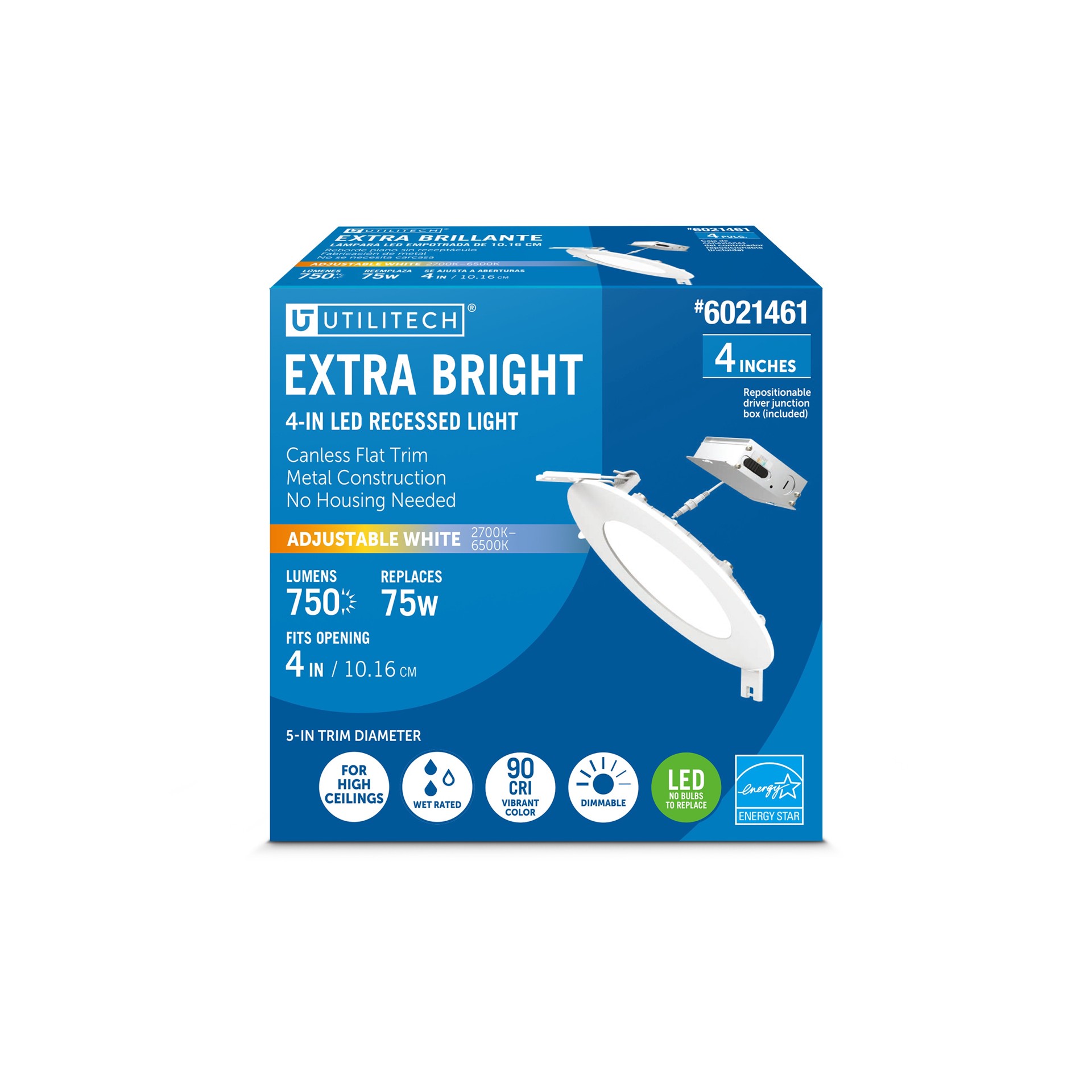 slide 1 of 6, Utilitech White 4-in 750 -Lumens Switchable white Round Dimmable LED Canless Wet rated Recessed Downlight, 1 ct