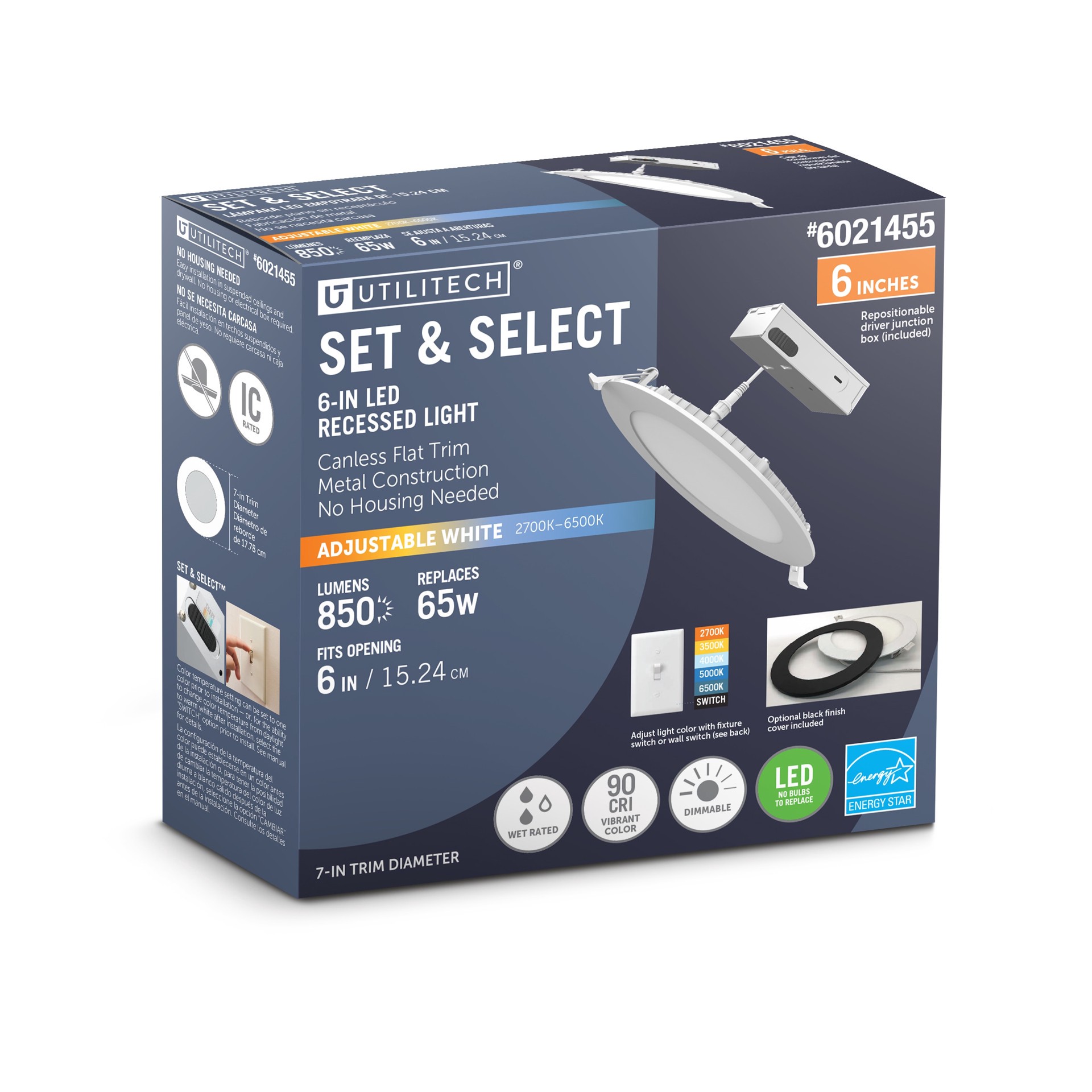 slide 1 of 6, Utilitech White/ Black 6-in 850 -Lumens Switchable white Round Dimmable LED Canless Wet rated Recessed Downlight, 1 ct