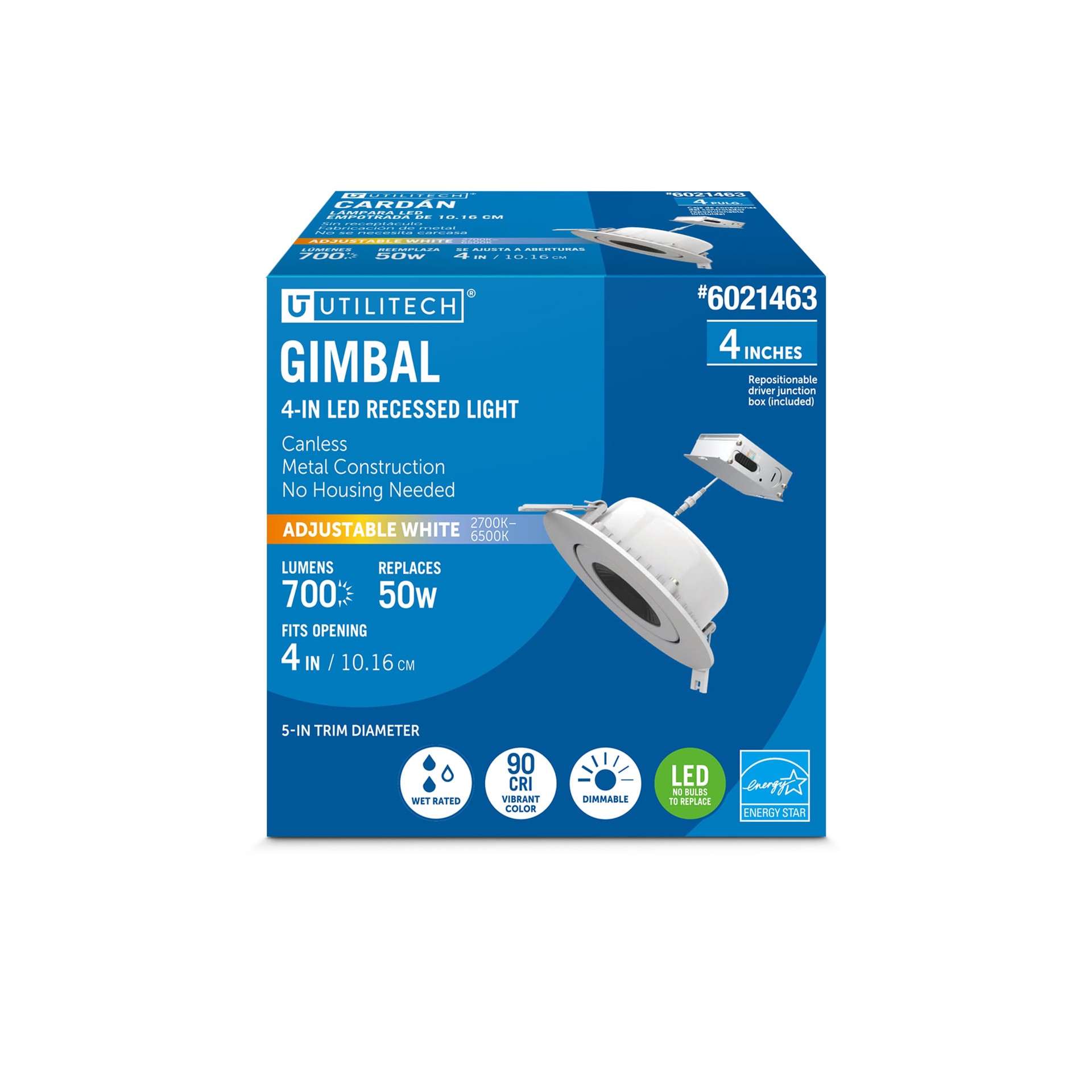 slide 1 of 5, Utilitech White 4-in 700 -Lumens Switchable white Round Dimmable LED Canless Wet rated Recessed Downlight, 1 ct