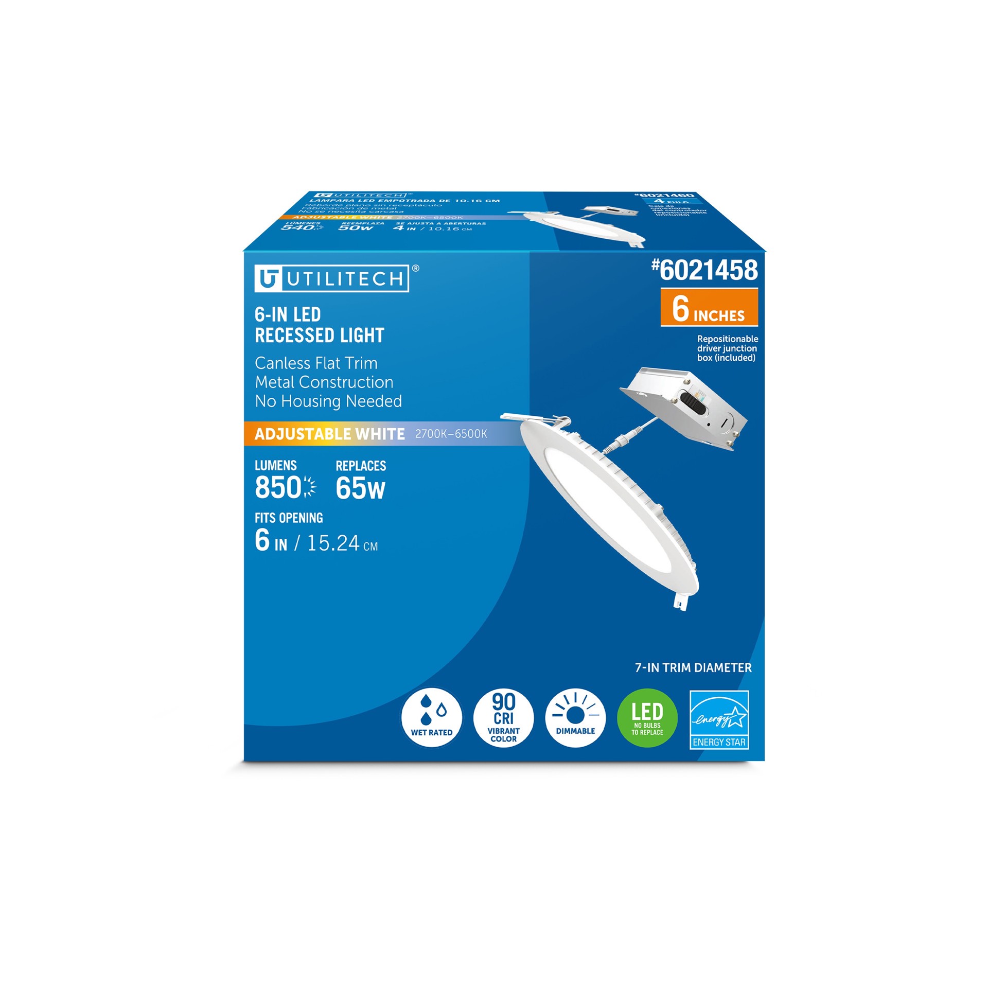 slide 1 of 6, Utilitech White 6-in 850 -Lumens Switchable white Round Dimmable LED Canless Wet rated Recessed Downlight, 1 ct