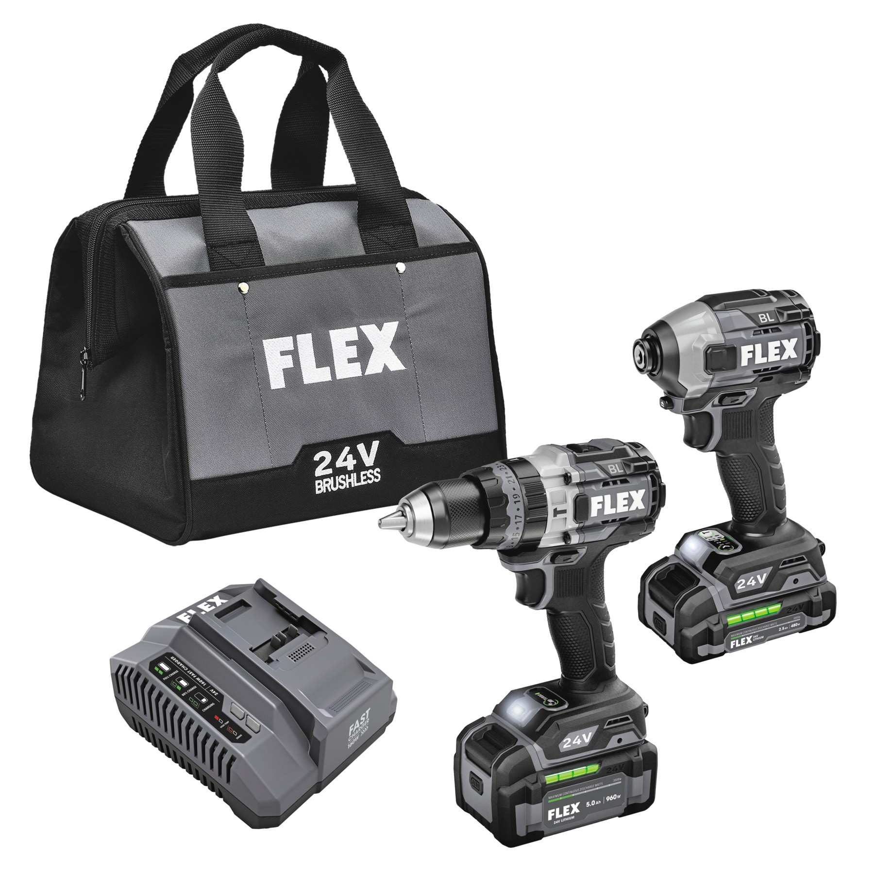 slide 1 of 1, FLEX 24-volt 2 -Tool Brushless Power Tool Combo Kit with Soft Case ( 2 -Batteries Included and Charger Included ), 1 ct