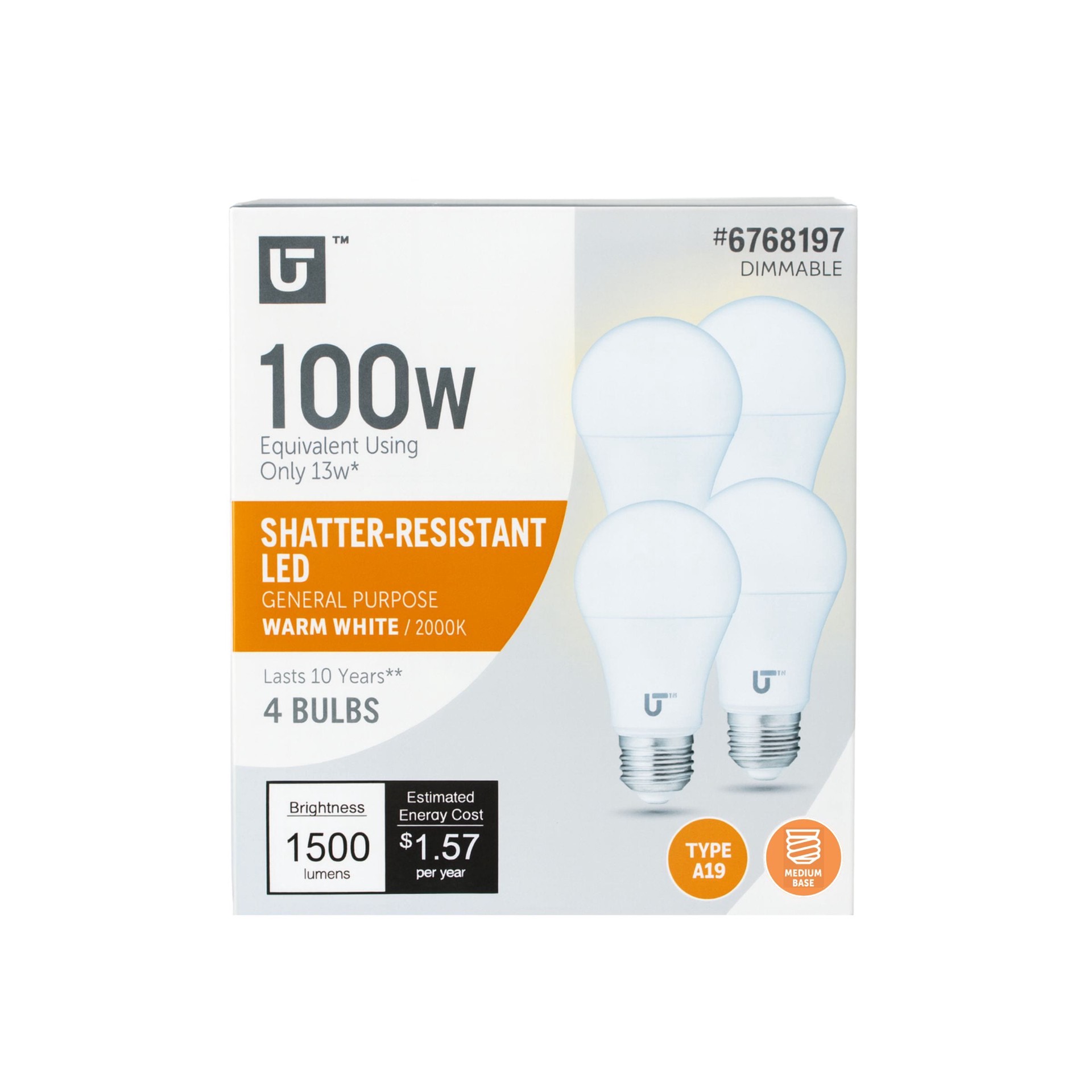slide 1 of 6, Utilitech 100 -Watt EQ A19 Soft white Medium base (E-26) Dimmable LED General purpose Light Bulb 4 -Pack, 1 ct