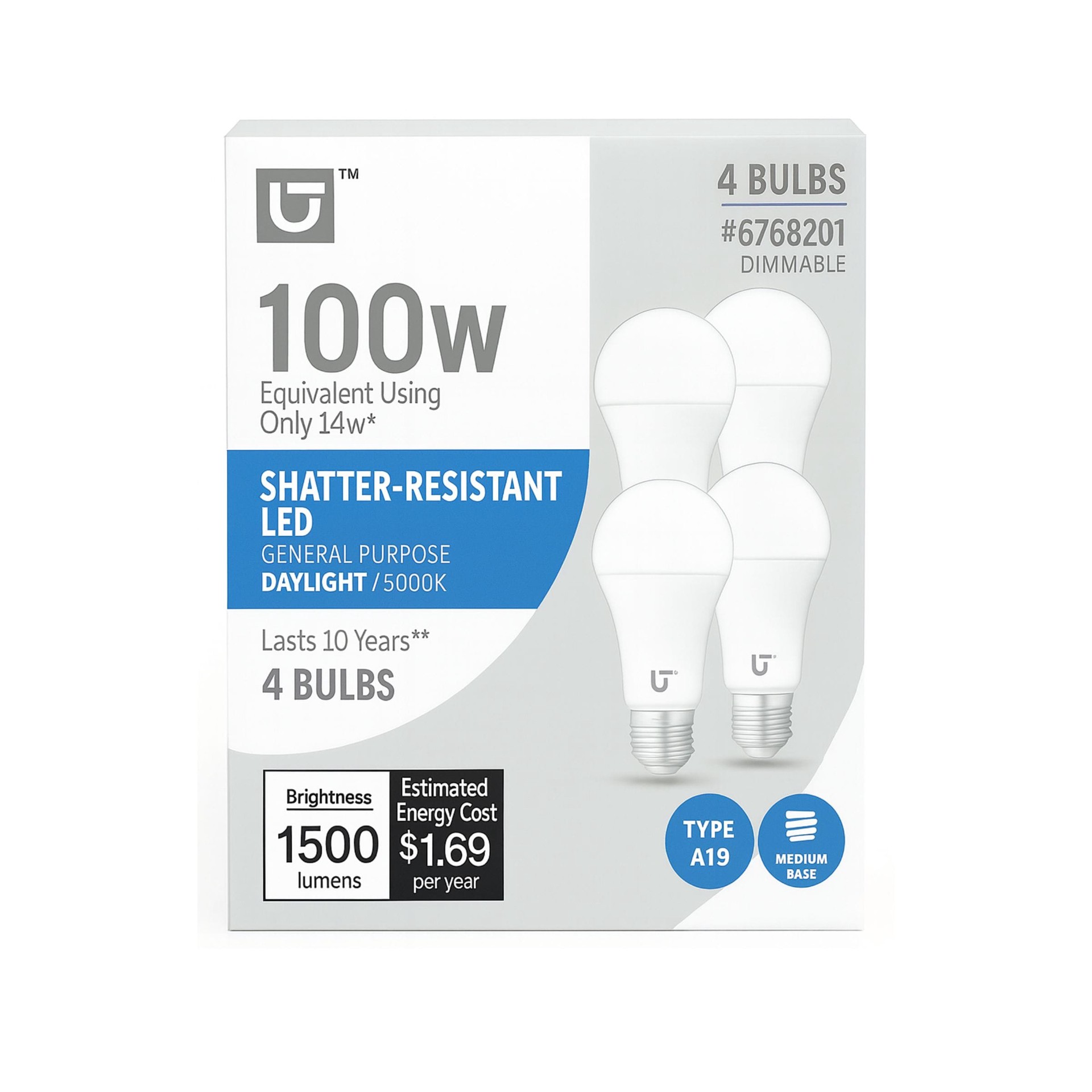 slide 1 of 6, Utilitech 100 -Watt EQ A19 Daylight Medium base (E-26) Dimmable LED General purpose Light Bulb 4 -Pack, 1 ct