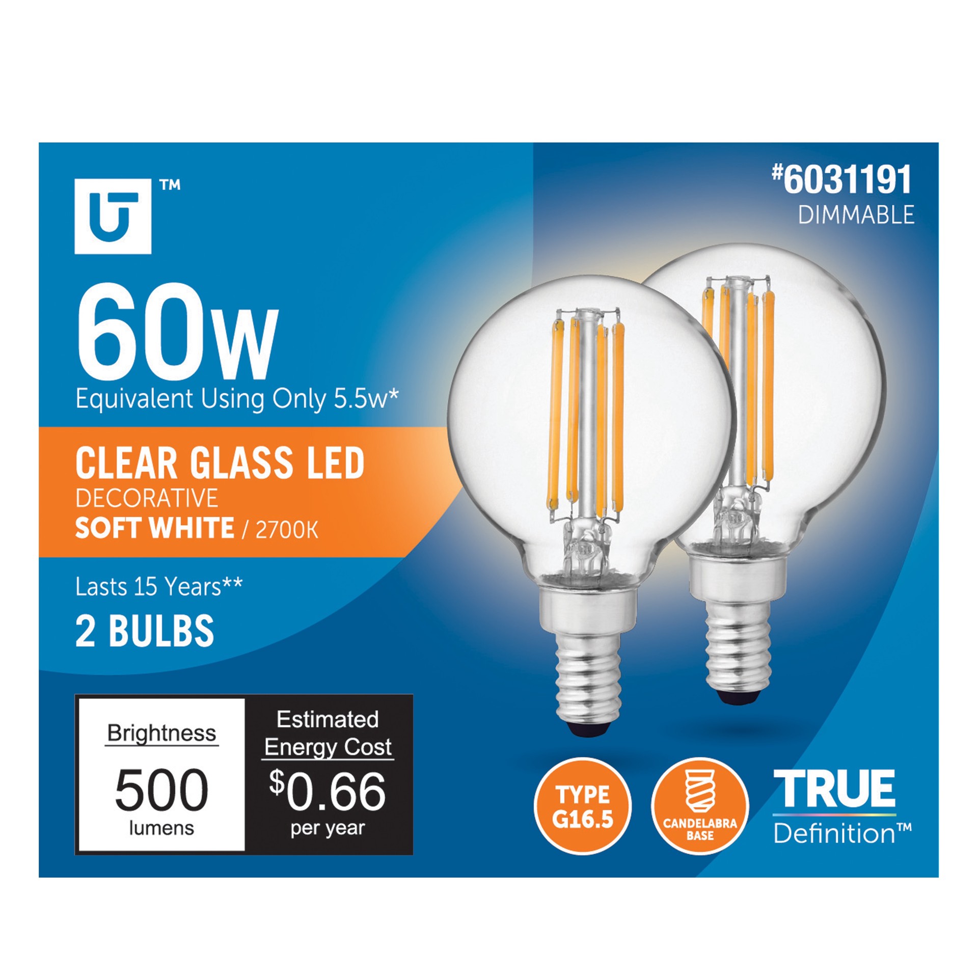 slide 1 of 6, Utilitech 60 -Watt EQ G16.5 Soft white Candelabra base (E-12) Dimmable LED General purpose Light Bulb 2 -Pack, 1 ct