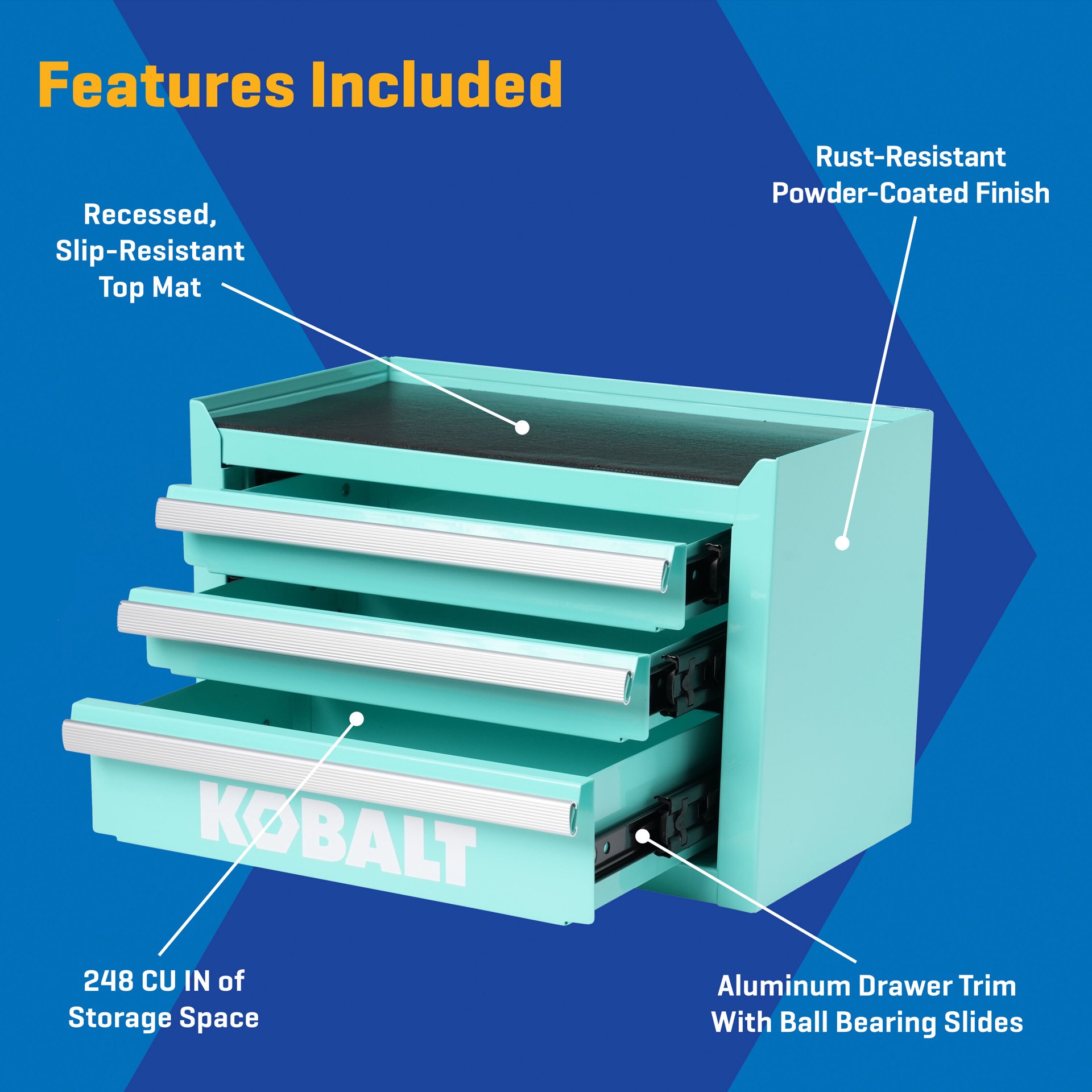 slide 3 of 6, Kobalt Portable tool box 11.1-in W x 7.36-in H x 6.14-in D 3 -Drawer Teal Steel Tool Box, 1 ct
