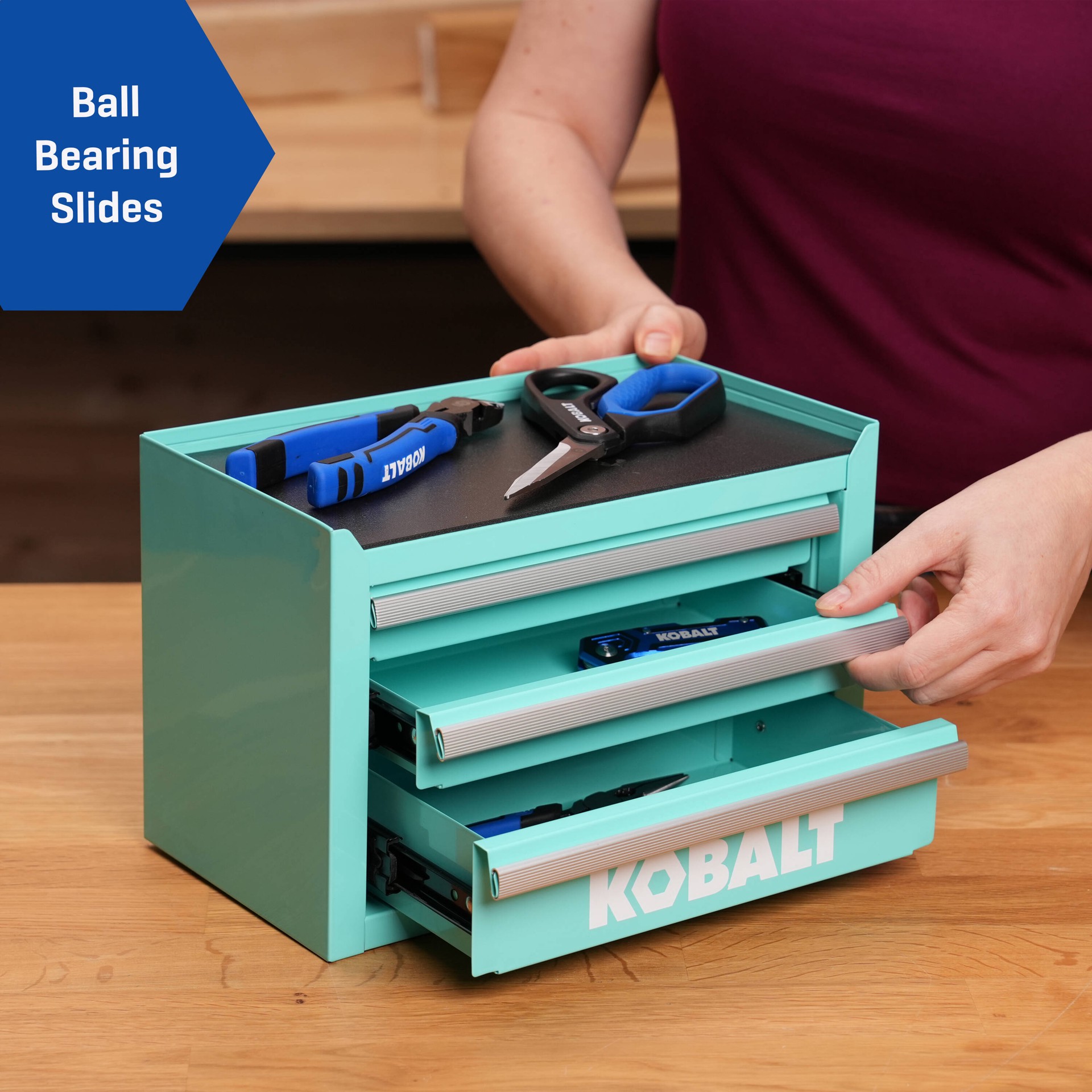 slide 6 of 6, Kobalt Portable tool box 11.1-in W x 7.36-in H x 6.14-in D 3 -Drawer Teal Steel Tool Box, 1 ct