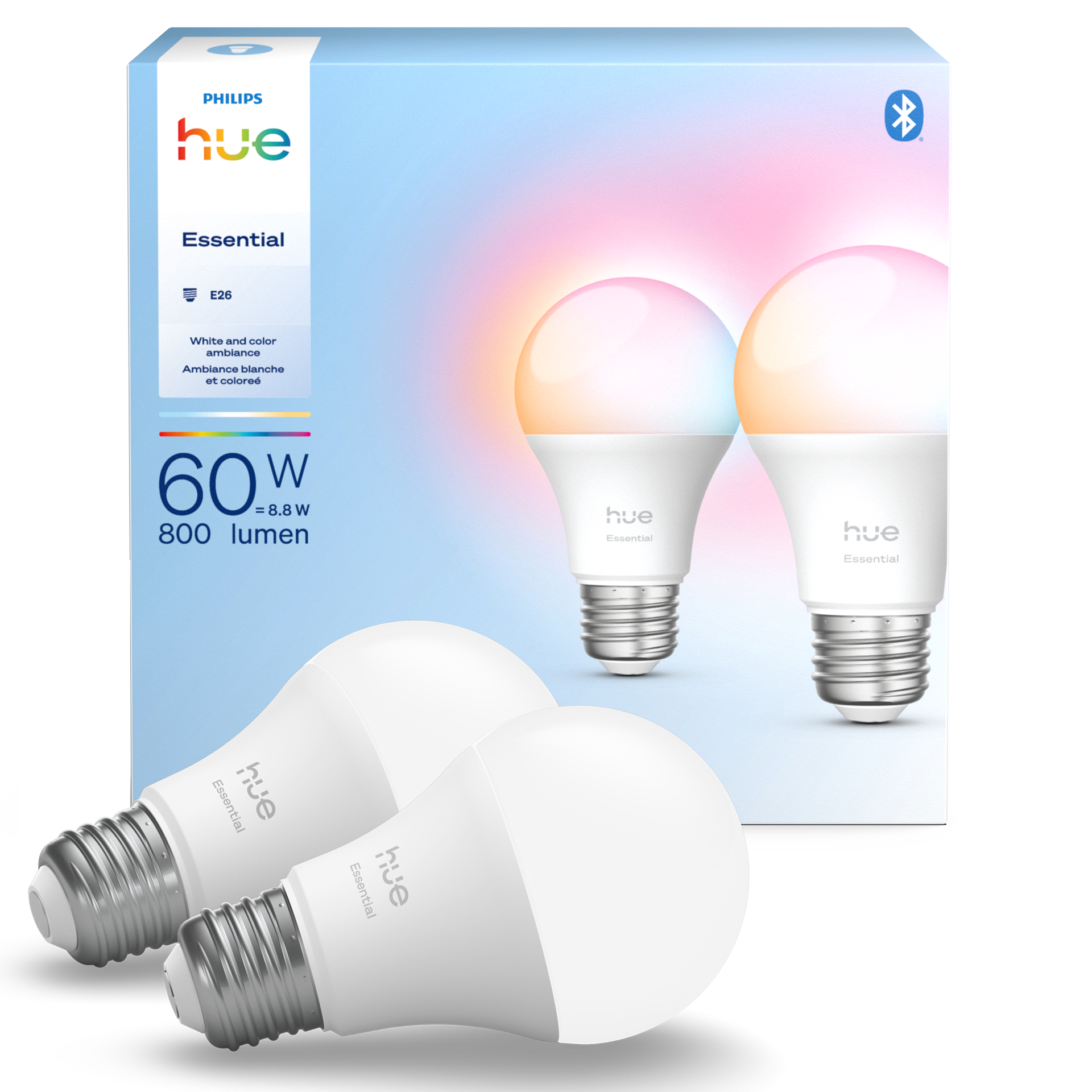 slide 1 of 6, Philips Hue Hue Essentials Matter Certified 60 -Watt EQ A19 Color-changing Medium screw base E26 Dimmable Smart LED General purpose Light Bulb 2 -Pack, 1 ct
