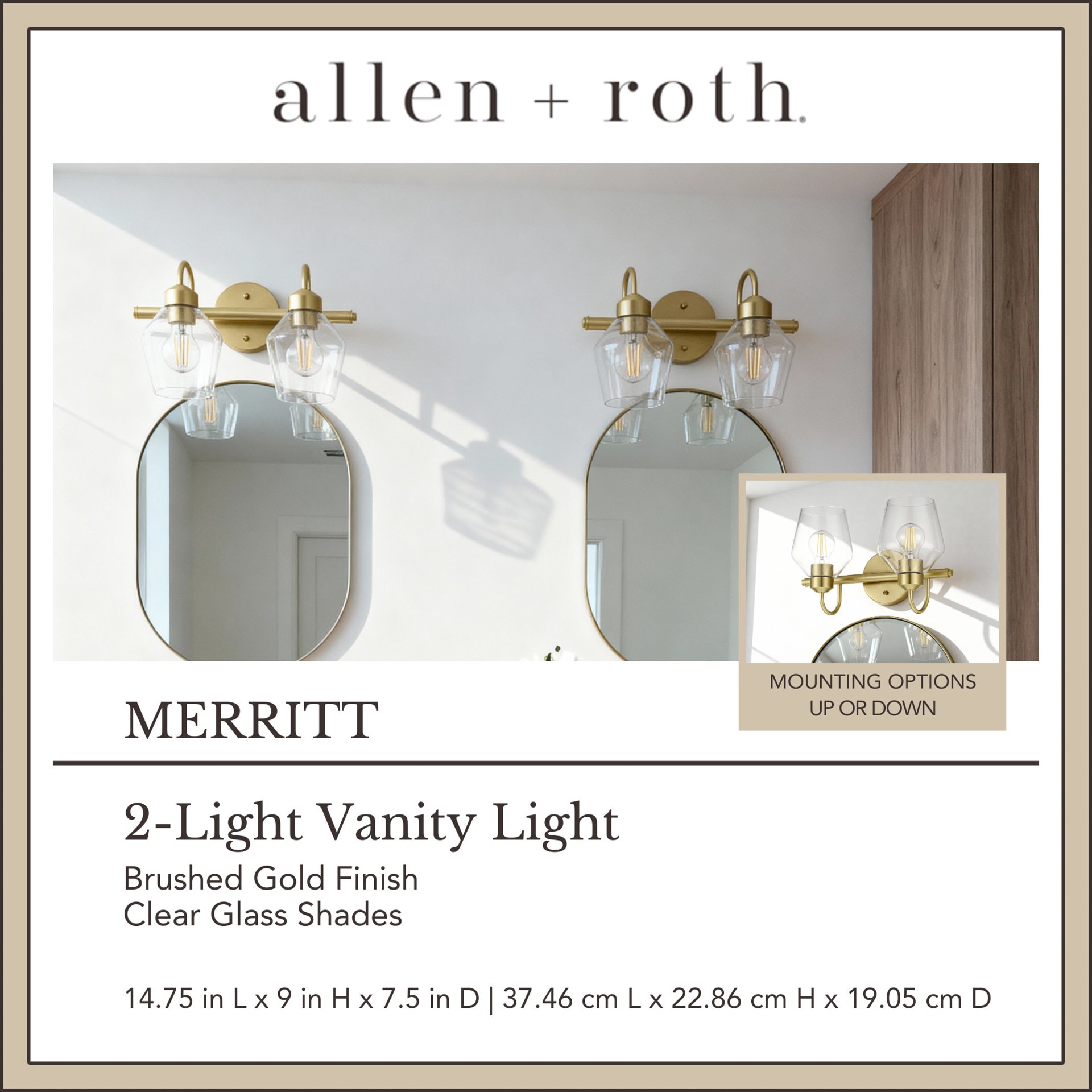 slide 3 of 6, allen + roth Merritt 14.75-in 2 -Light Brushed Gold Modern/contemporary Vanity light, 1 ct