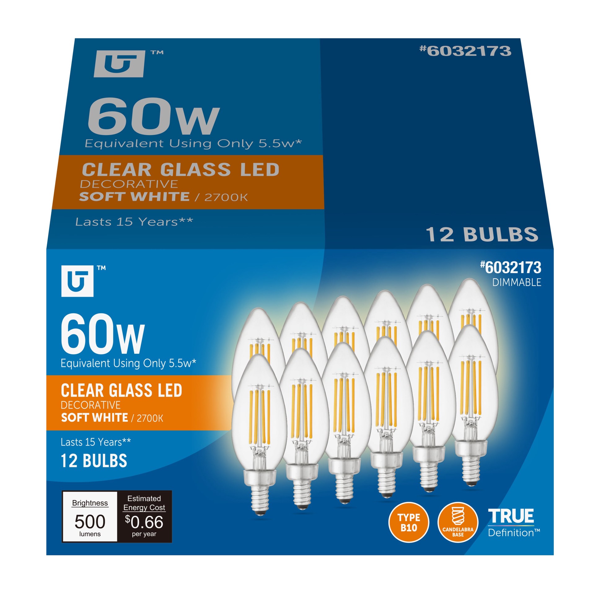 slide 1 of 6, Utilitech Led light bulb 60 -Watt EQ BC Soft white Candelabra base (E-12) Dimmable LED Decorative Light Bulb 12 -Pack, 1 ct