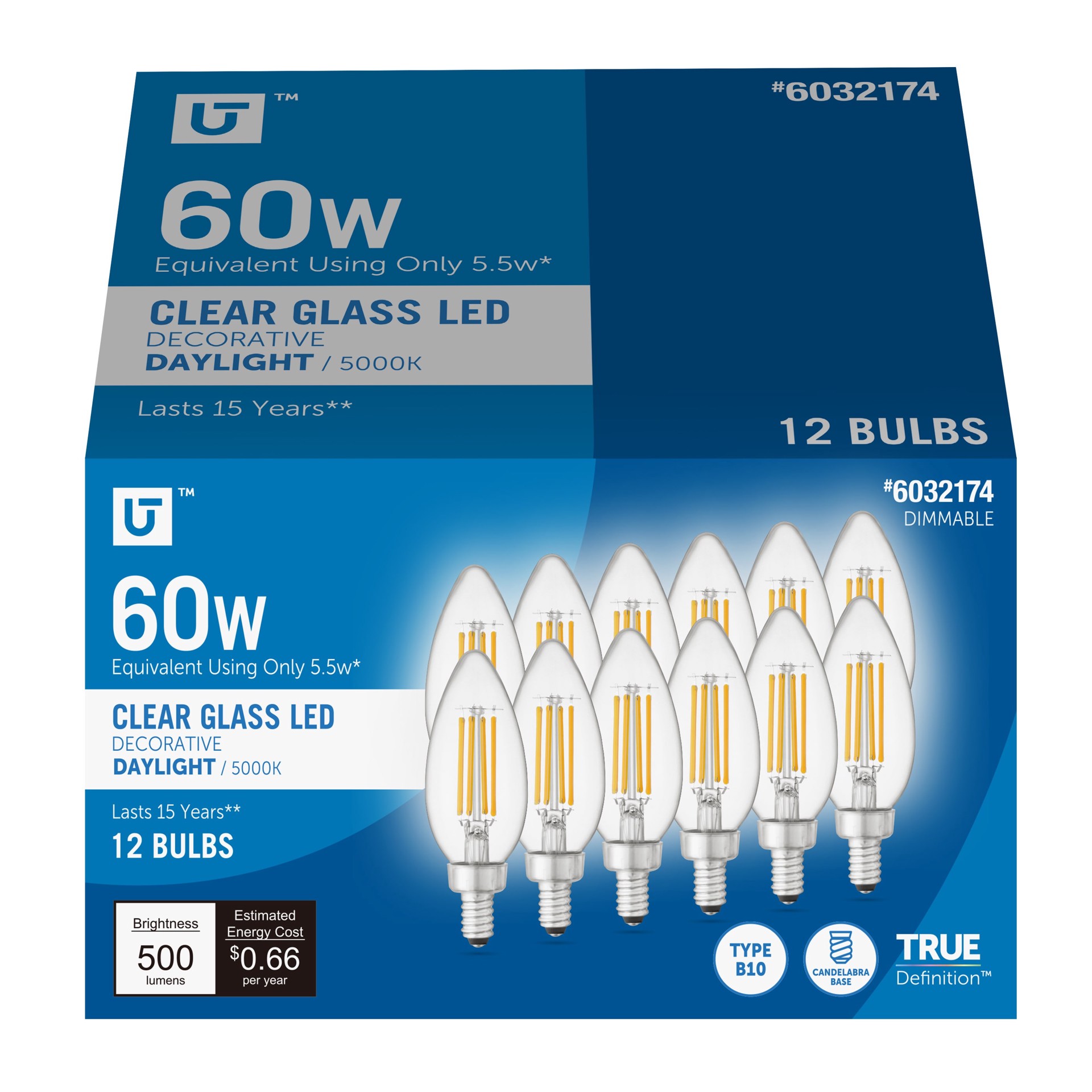 slide 1 of 6, Utilitech Led light bulb 60 -Watt EQ BC Daylight Candelabra base (E-12) Dimmable LED Decorative Light Bulb 12 -Pack, 1 ct