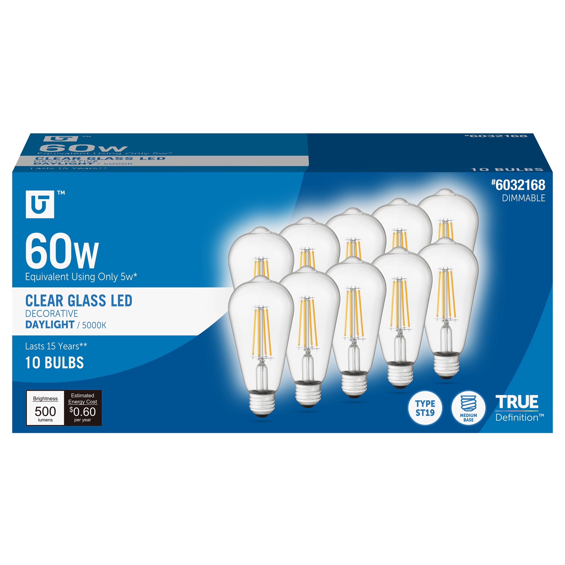 slide 1 of 6, Utilitech Led light bulb 60 -Watt EQ ST19 Daylight Medium base (E-26) Dimmable LED Decorative Light Bulb 10 -Pack, 1 ct