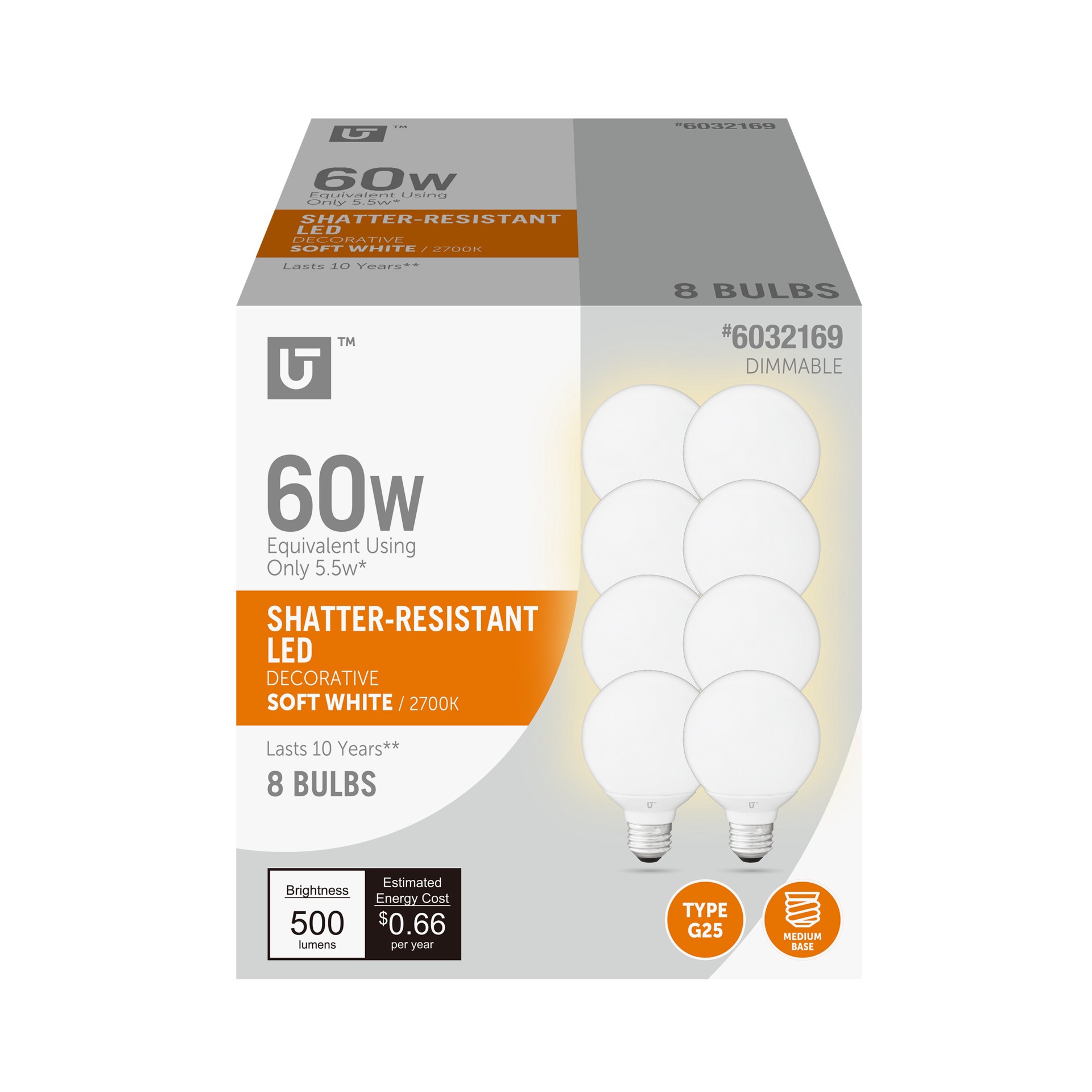 slide 1 of 6, Utilitech Led light bulb 60 -Watt EQ G25 Soft white Medium base (E-26) Dimmable LED Decorative Light Bulb 8 -Pack, 1 ct