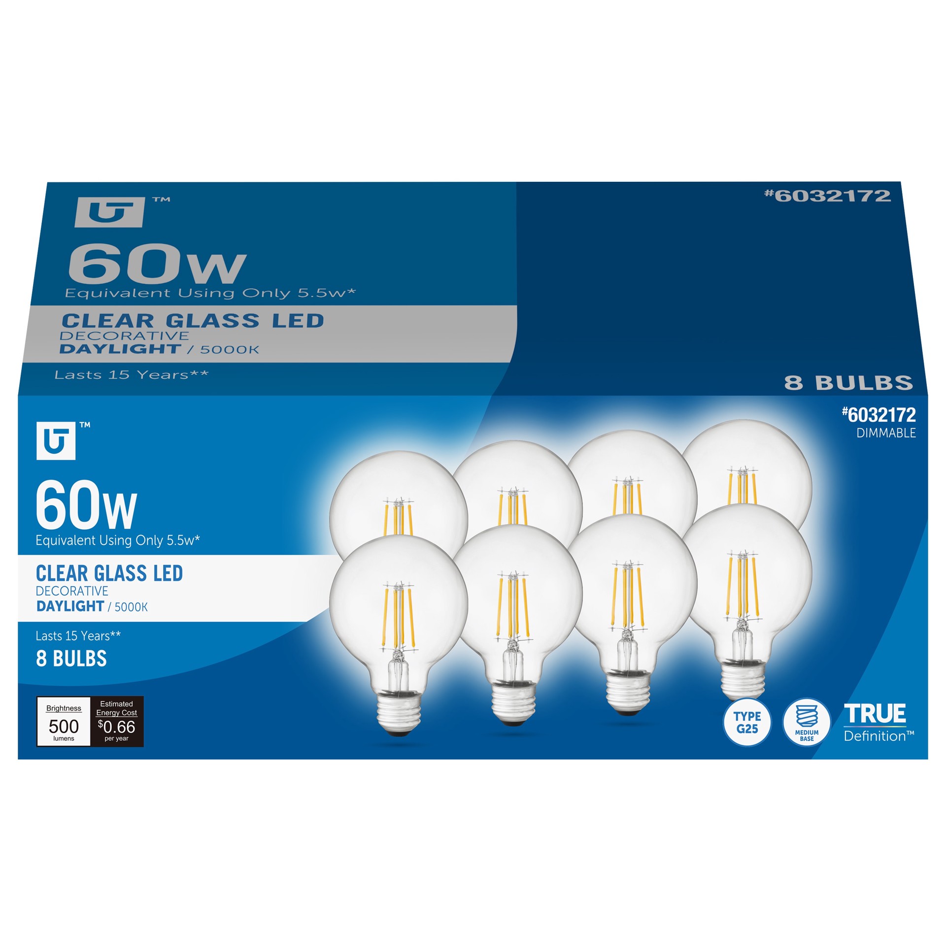 slide 1 of 6, Utilitech Led light bulb 60 -Watt EQ G25 Daylight Medium base (E-26) Dimmable LED Decorative Light Bulb 8 -Pack, 1 ct