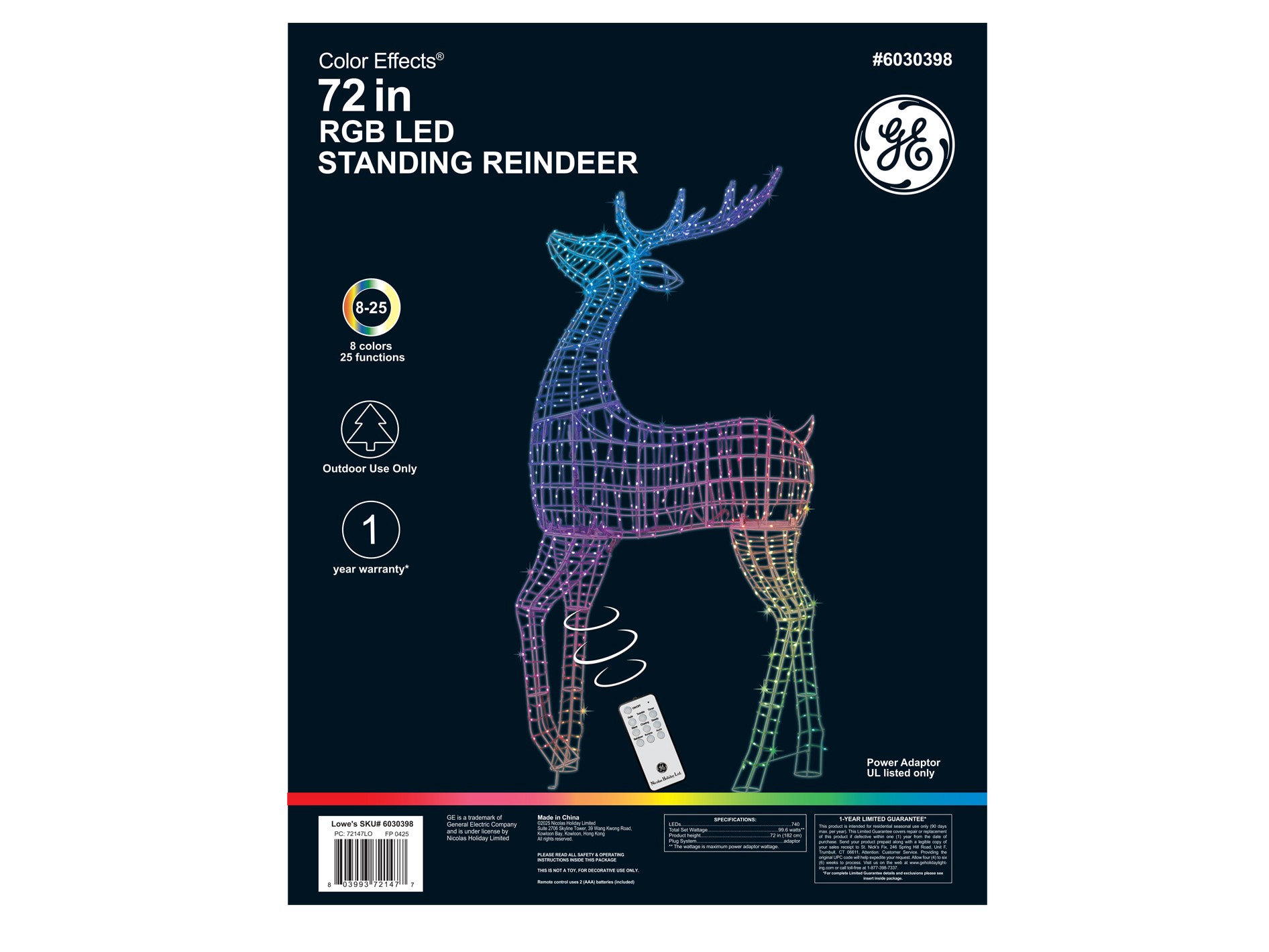slide 6 of 6, GE 72-in Freestanding Reindeer Yard decoration with Multicolor LED Lights, 1 ct