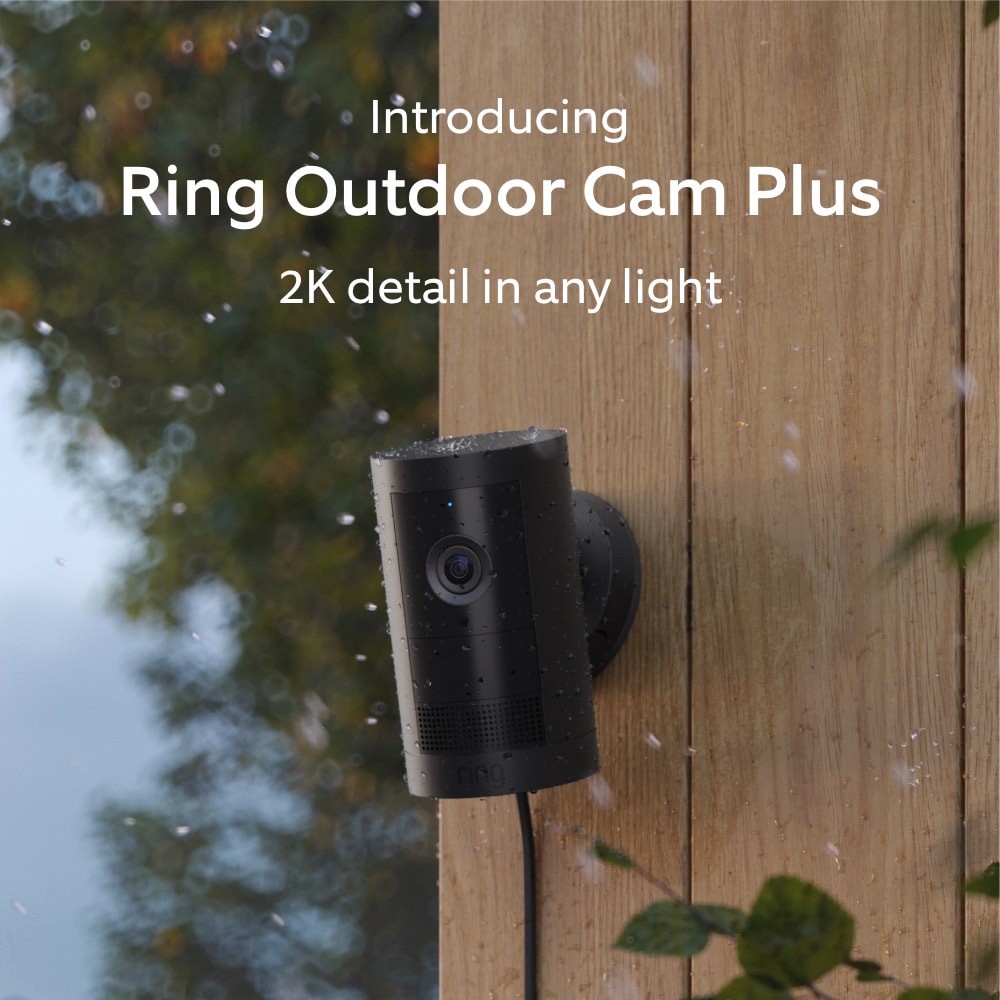 slide 6 of 6, Ring Outdoor Cam Plus, Plug-In with 2K Video and Ring Vision, Low-Light Sight, and Mount-Anywhere Versatility (Black), 1 ct