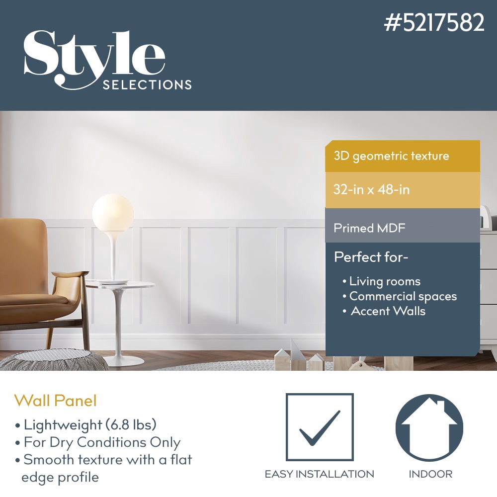 slide 2 of 6, Style Selections 48-in x 32-in Smooth Shaker Style White MDF Wainscoting Geometric Wall Panel ( 10.67-sq ft ), 1 ct
