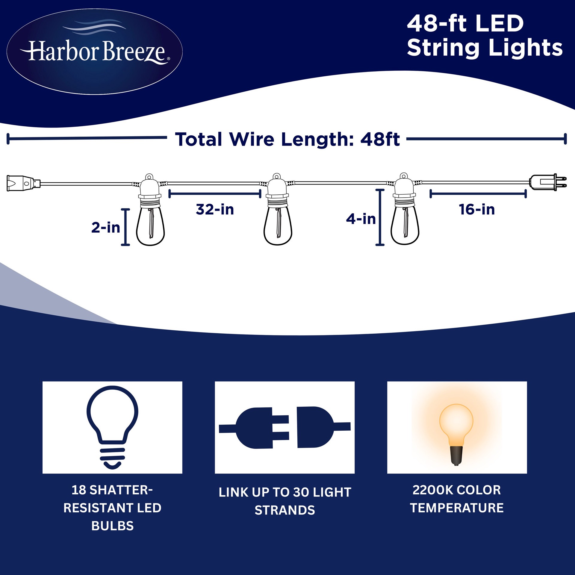 slide 3 of 6, Harbor Breeze 48-ft Plug-in Black Indoor/Outdoor String Light with 18 White -Light LED Edison Bulbs, 1 ct