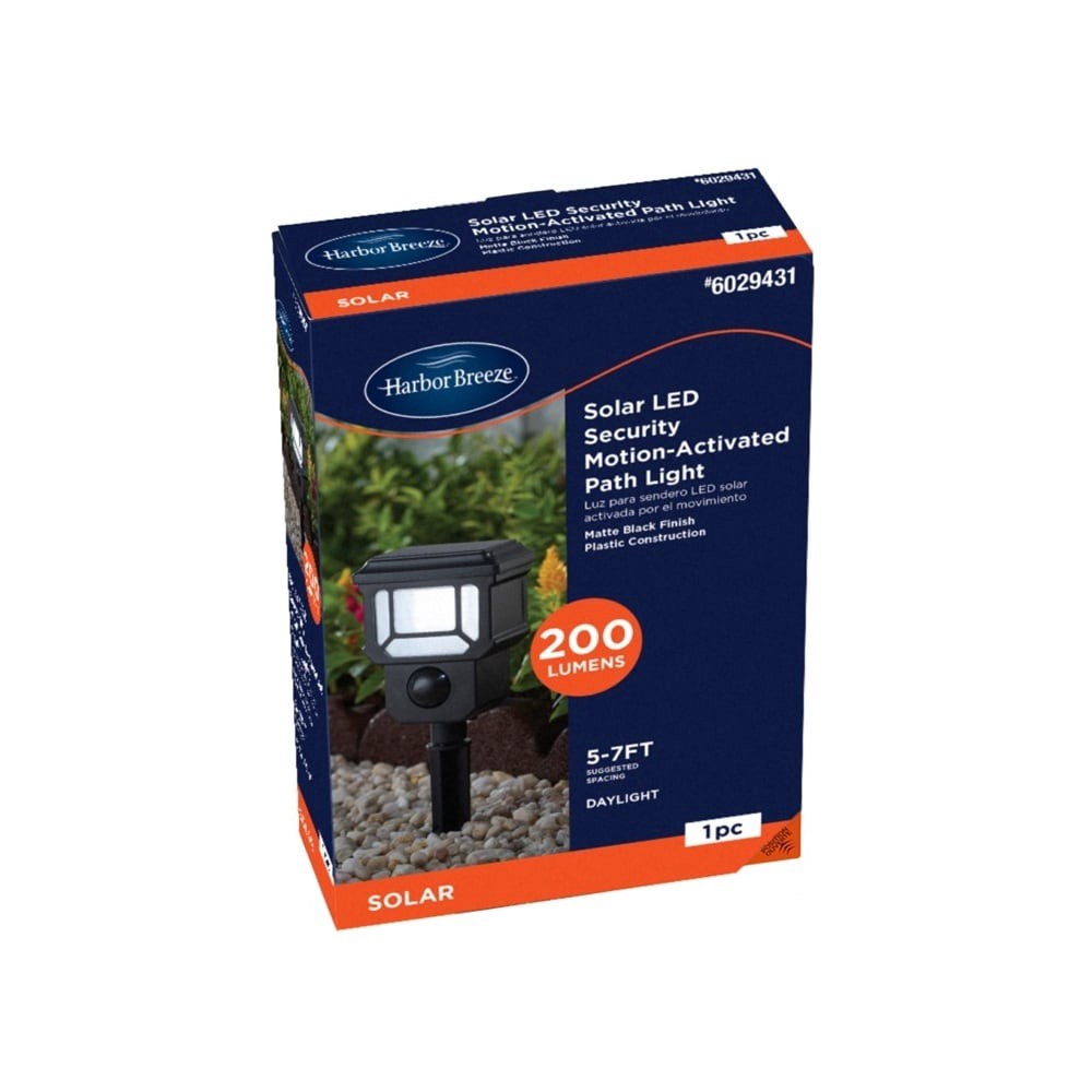 slide 2 of 6, Harbor Breeze 200 -Lumens 3.8 -Watt Matte Black Solar LED Outdoor Path Light with Motion Sensor ( 5000-K ), 1 ct