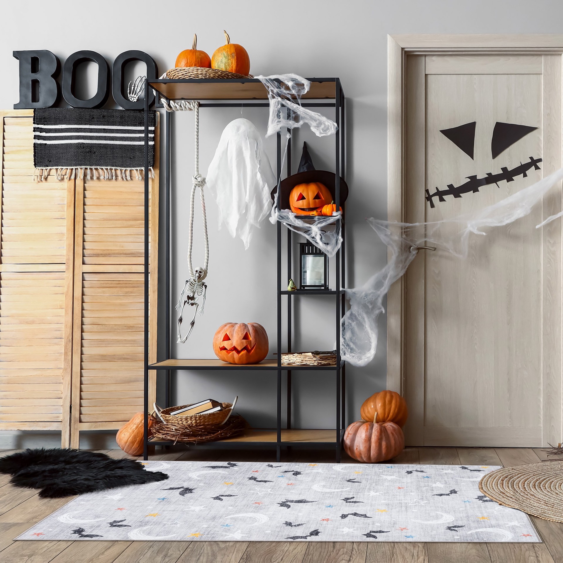 slide 3 of 6, Haunted Living Halloween 2025 3 x 5 (ft) Loomed Bats Rectangular Indoor Abstract Global Machine washable Pet Friendly Area rug, 1 ct