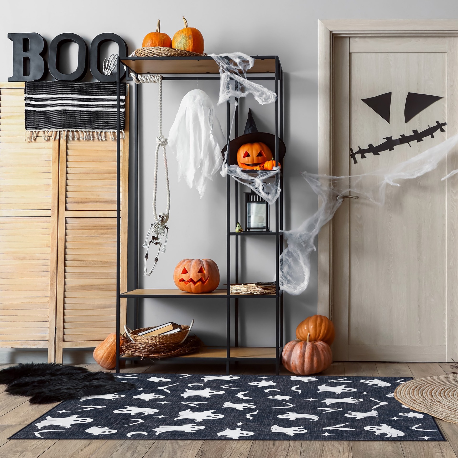 slide 3 of 6, Haunted Living Halloween 2025 3 x 5 (ft) Loomed Ghosts Rectangular Indoor Abstract Global Machine washable Pet Friendly Area rug, 1 ct