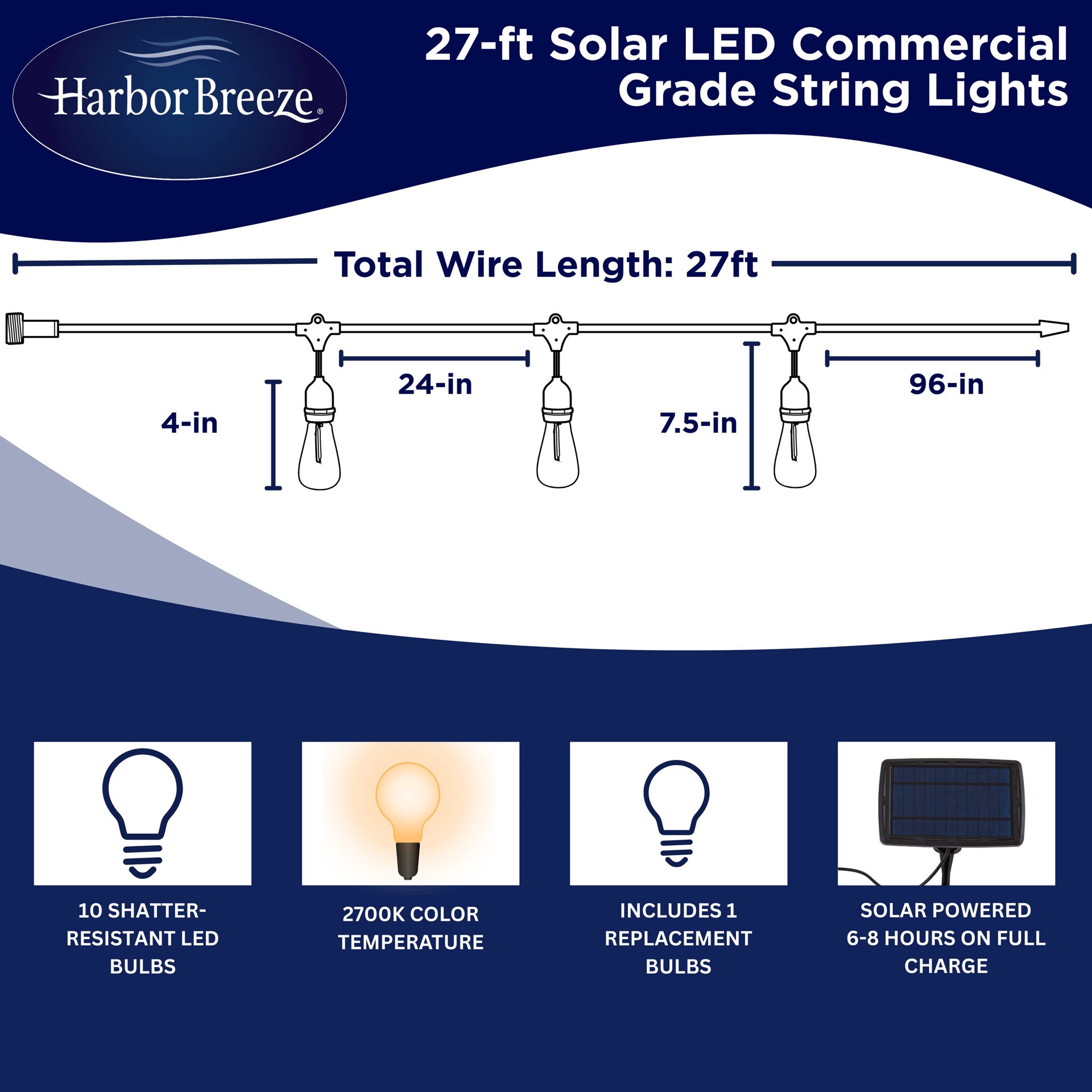 slide 4 of 6, Harbor Breeze 27-ft Solar Black Indoor/Outdoor String Light with 10 White -Light LED Edison Bulbs, 1 ct