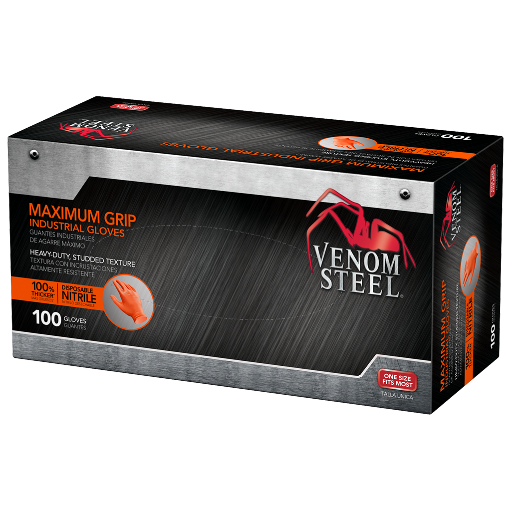 slide 3 of 6, Venom Steel Heavy Duty One size fits all 100 -Count Textured -Grip Nitrile Disposable cleaning gloves 50 -Pairs, 1 ct