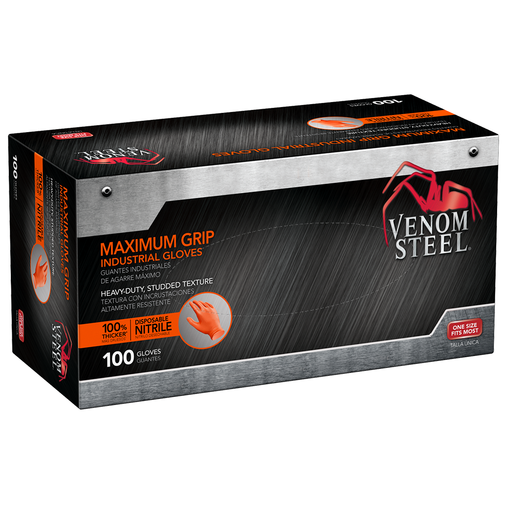 slide 4 of 6, Venom Steel Heavy Duty One size fits all 100 -Count Textured -Grip Nitrile Disposable cleaning gloves 50 -Pairs, 1 ct