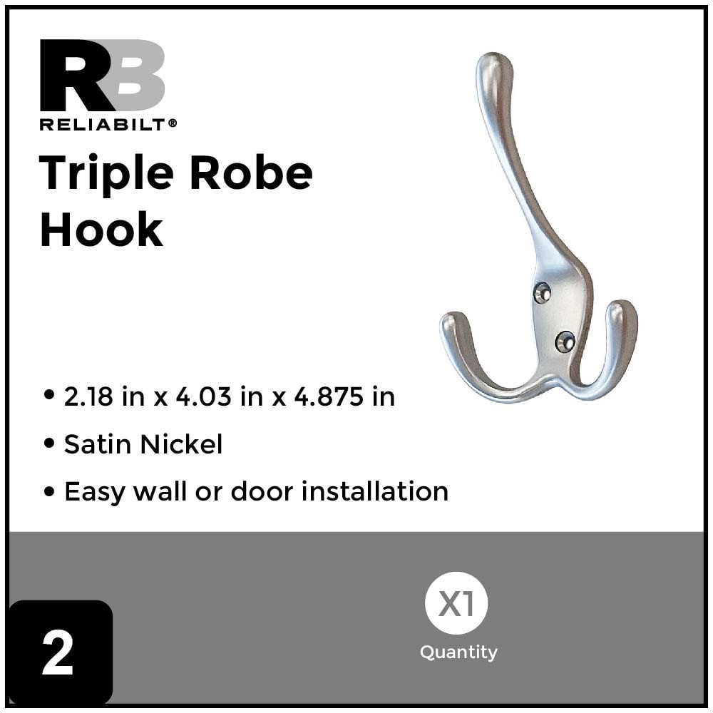 slide 3 of 6, RELIABILT 3 -Hook 0.8-in x 1.57-in H Satin Nickel Decorative Wall Hook ( 35-lb Capacity), 1 ct