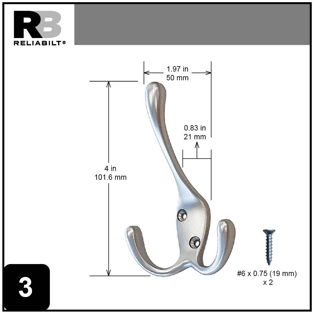 slide 4 of 6, RELIABILT 3 -Hook 0.8-in x 1.57-in H Satin Nickel Decorative Wall Hook ( 35-lb Capacity), 1 ct