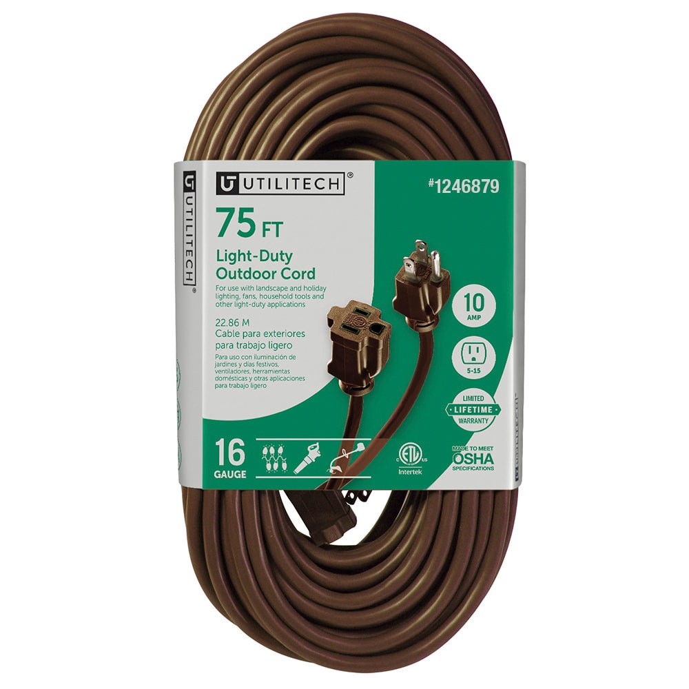 slide 1 of 5, Utilitech 75-ft 16 / 3 Light Duty 3 Prong Brown Indoor/Outdoor Extension Power Cord, 1 ct