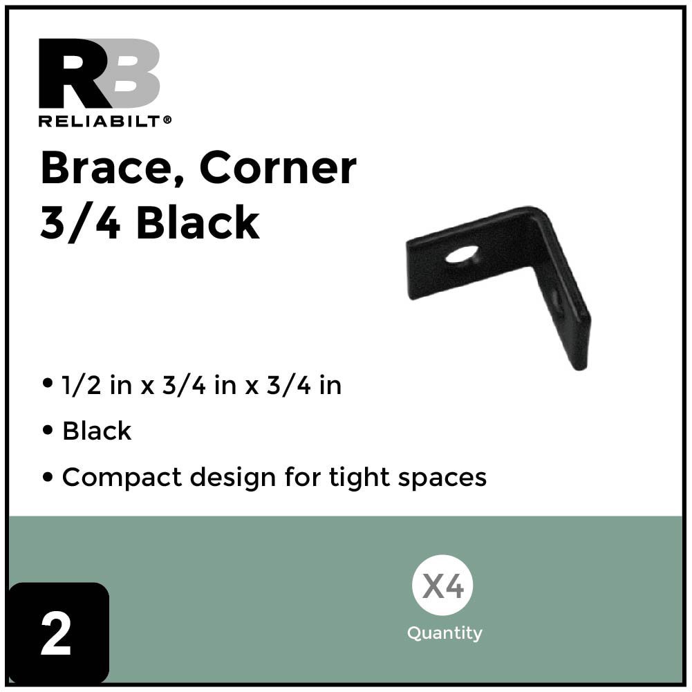 slide 3 of 6, RELIABILT 0.75-in x 0.5-in x 0.75-in 14 -Gauge Black Steel Corner brace 4 -Pack, 1 ct