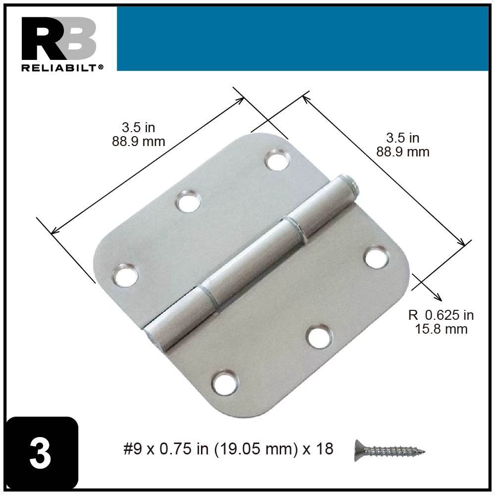 slide 4 of 6, RELIABILT No-Squeak 3-1/2-in H x 5/8-in Radius Satin Nickel Mortise Interior/Exterior Door Hinge 3 -Pack, 1 ct
