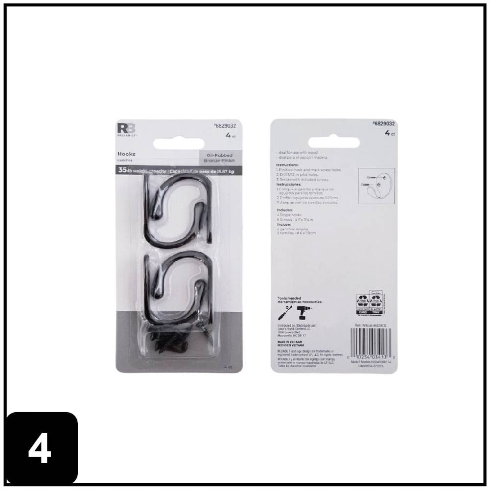 slide 5 of 6, RELIABILT 4 -Pack 1 -Hook 0.72-in x 1.45-in H Oil-rubbed Bronze Decorative Wall Hook ( 15-lb Capacity), 1 ct