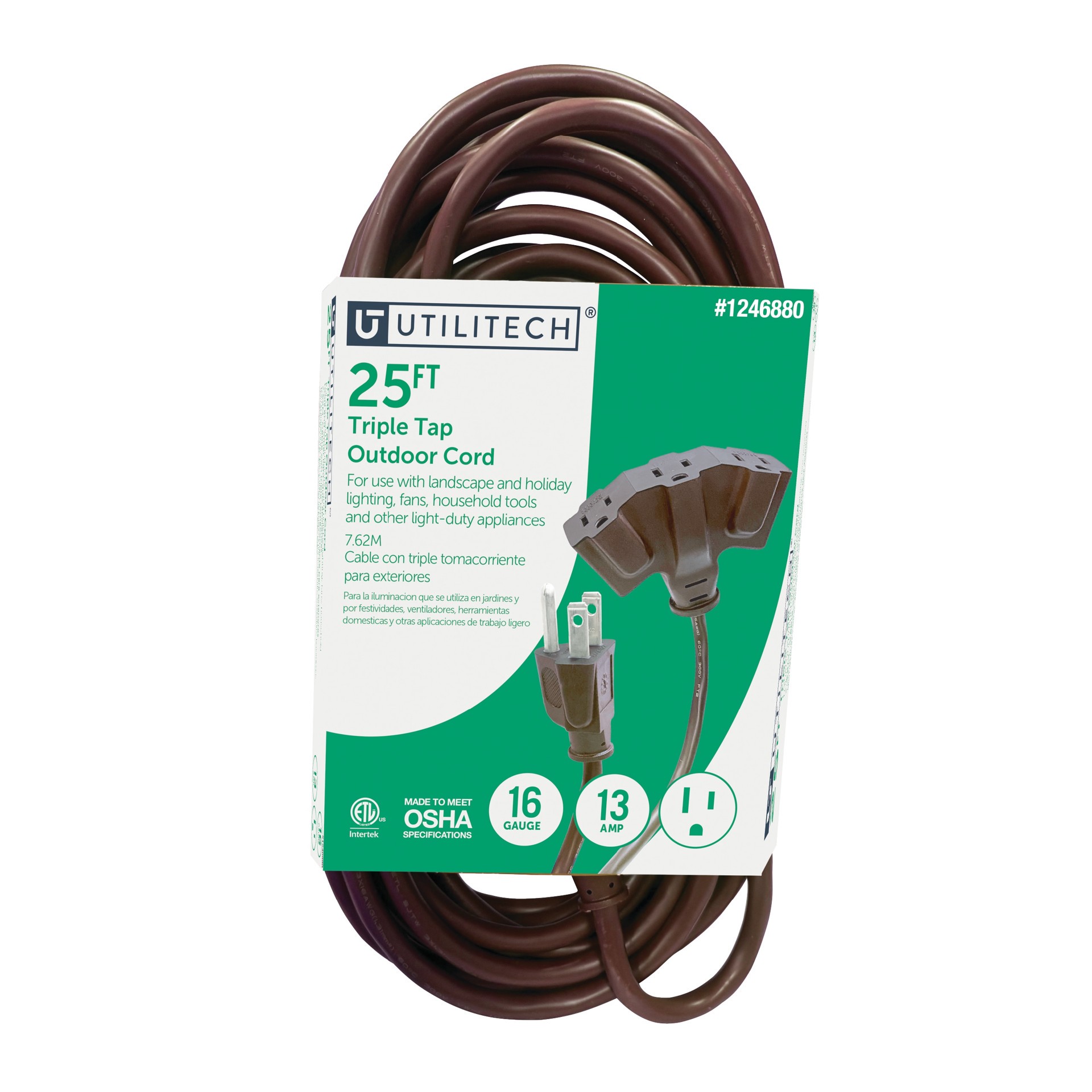slide 1 of 4, Utilitech 25-ft 16 / 3 Light Duty 3 Prong Brown Indoor/Outdoor Extension Power Cord, 1 ct
