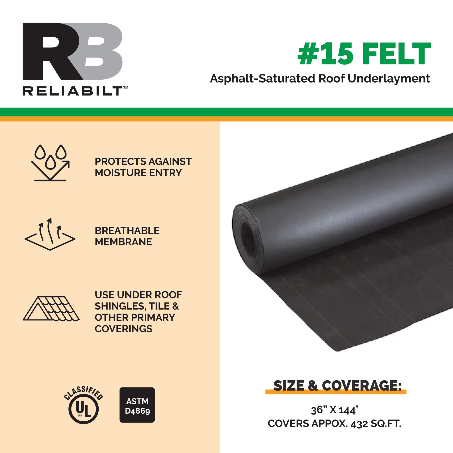 slide 3 of 5, RELIABILT 36-in x 144-ft 432-sq ft Felt Roof Underlayment, 1 ct