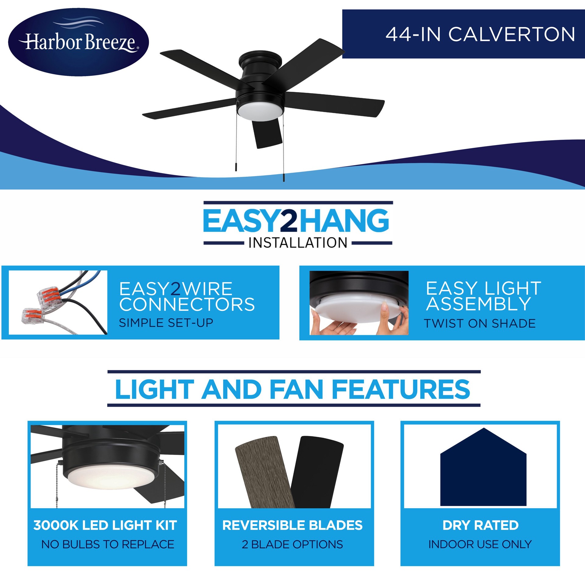 slide 3 of 6, Harbor Breeze Calverton Easy2Hang 44-in Matte Black with Matte Blades Integrated LED Flush Mount Ceiling Fan With Light 5 -Blade, 1 ct