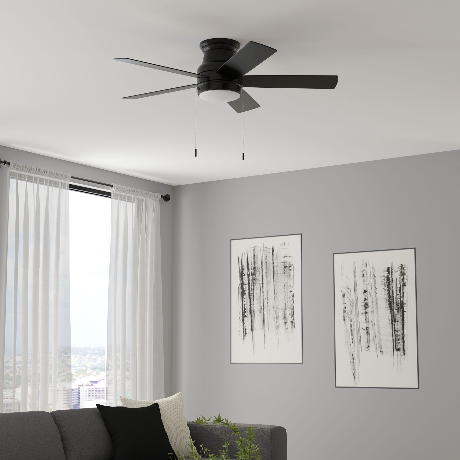 slide 4 of 6, Harbor Breeze Calverton Easy2Hang 44-in Matte Black with Matte Blades Integrated LED Flush Mount Ceiling Fan With Light 5 -Blade, 1 ct