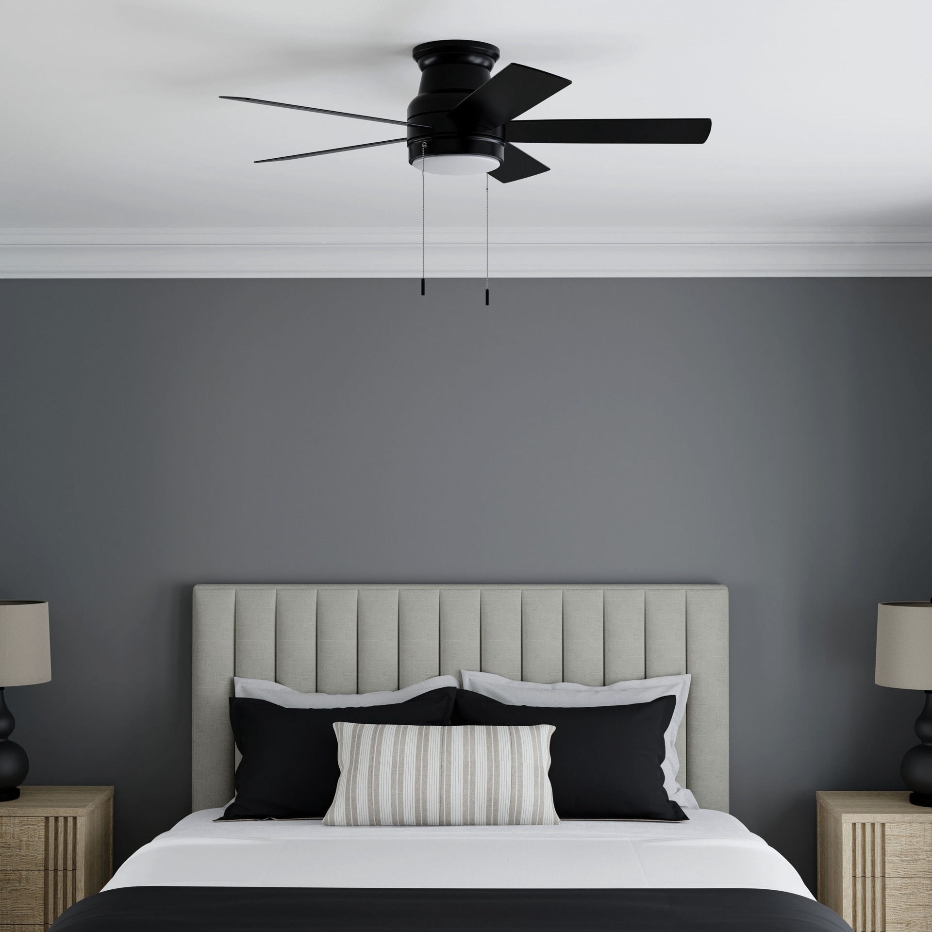 slide 5 of 6, Harbor Breeze Calverton Easy2Hang 44-in Matte Black with Matte Blades Integrated LED Flush Mount Ceiling Fan With Light 5 -Blade, 1 ct