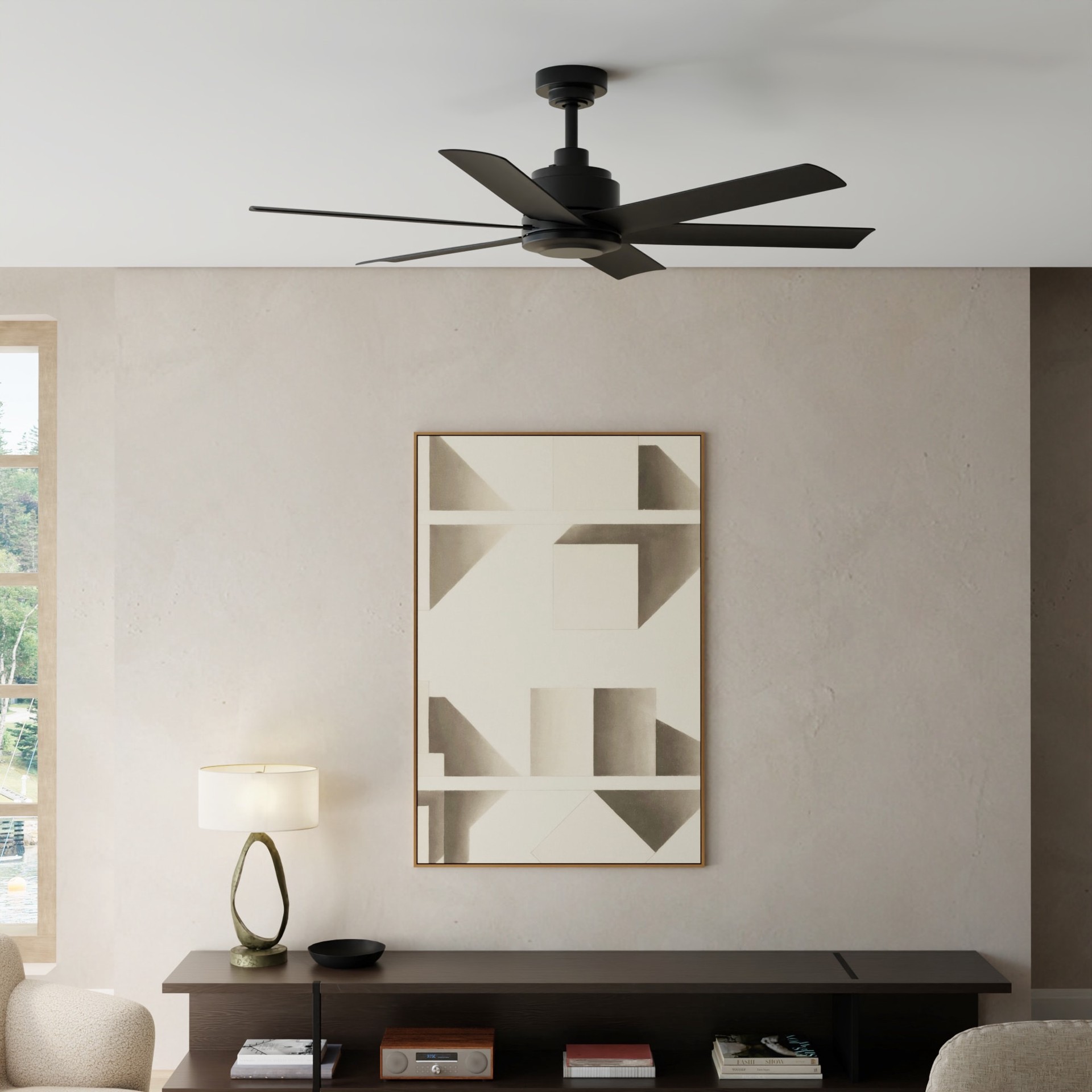 slide 5 of 6, Harbor Breeze Greystone 52-in Matte Black with Matte Blades Uncovered Outdoor Downrod or Flush Mount Ceiling Fan Without Light 6 -Blade, 1 ct