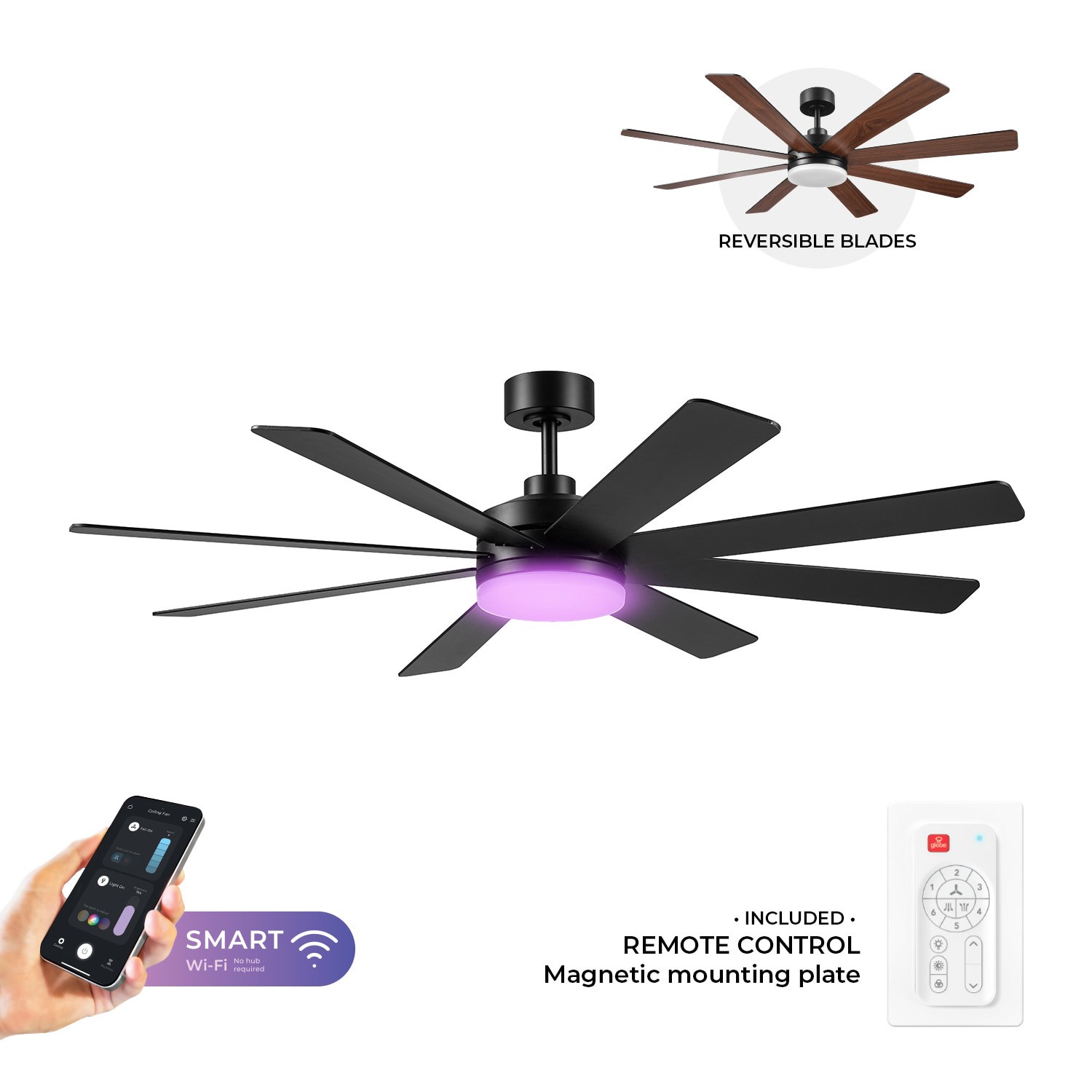 slide 2 of 6, Globe Electric Colossus 60-in Matte Black with Matte Blades Color-Changing Integrated LED Covered Outdoor Smart Ceiling Fan With Light 8 -Blade, 1 ct