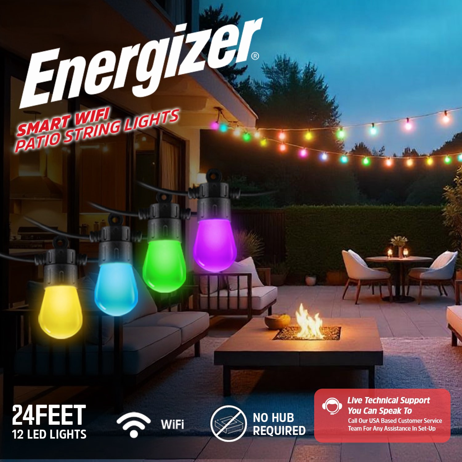 slide 2 of 6, Energizer 24-ft Plug-in white Outdoor String Light with 12 Color changing -Light LED Edison Bulbs Bluetooth Compatibility Wi-Fi Compatibility, 1 ct