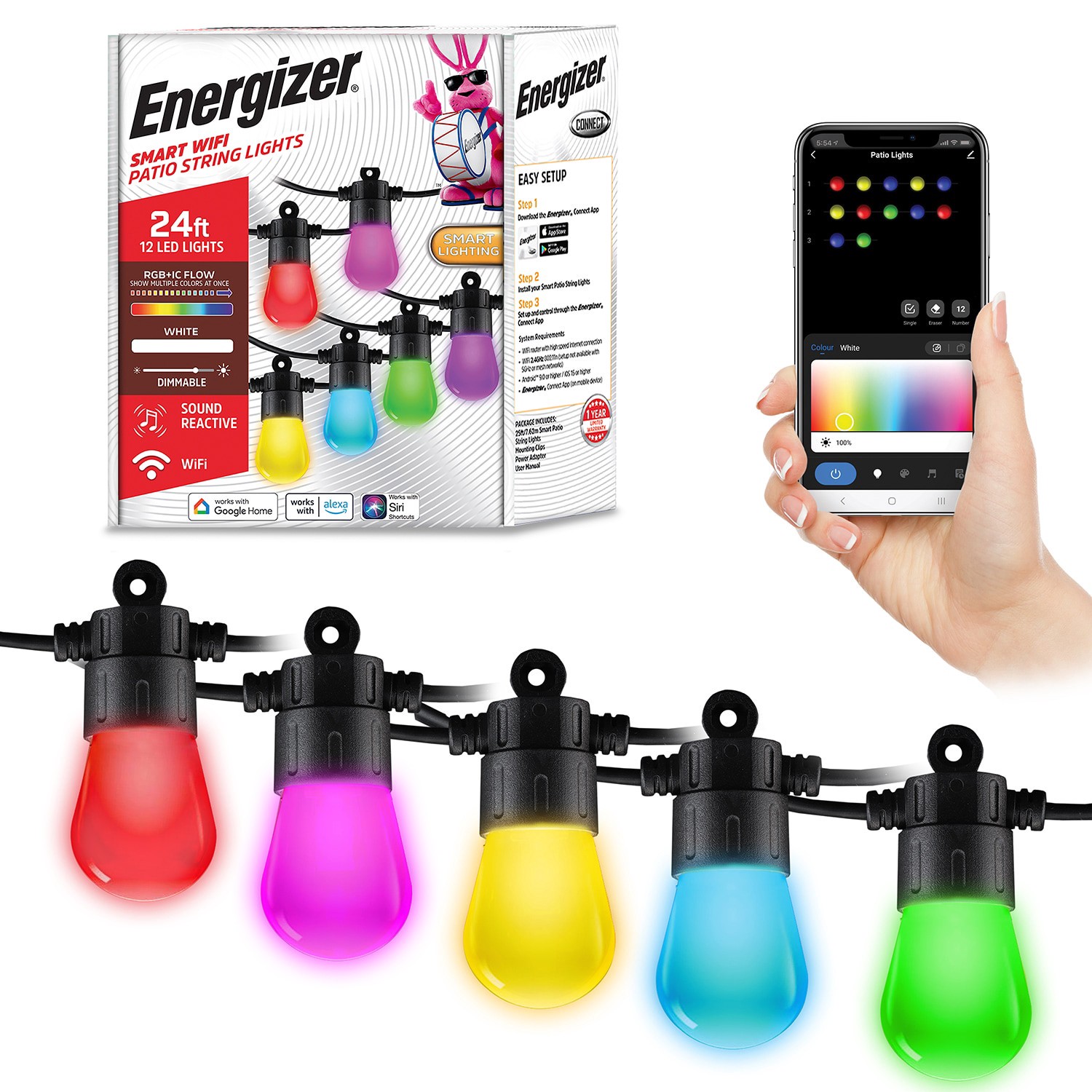 slide 1 of 6, Energizer 24-ft Plug-in white Outdoor String Light with 12 Color changing -Light LED Edison Bulbs Bluetooth Compatibility Wi-Fi Compatibility, 1 ct