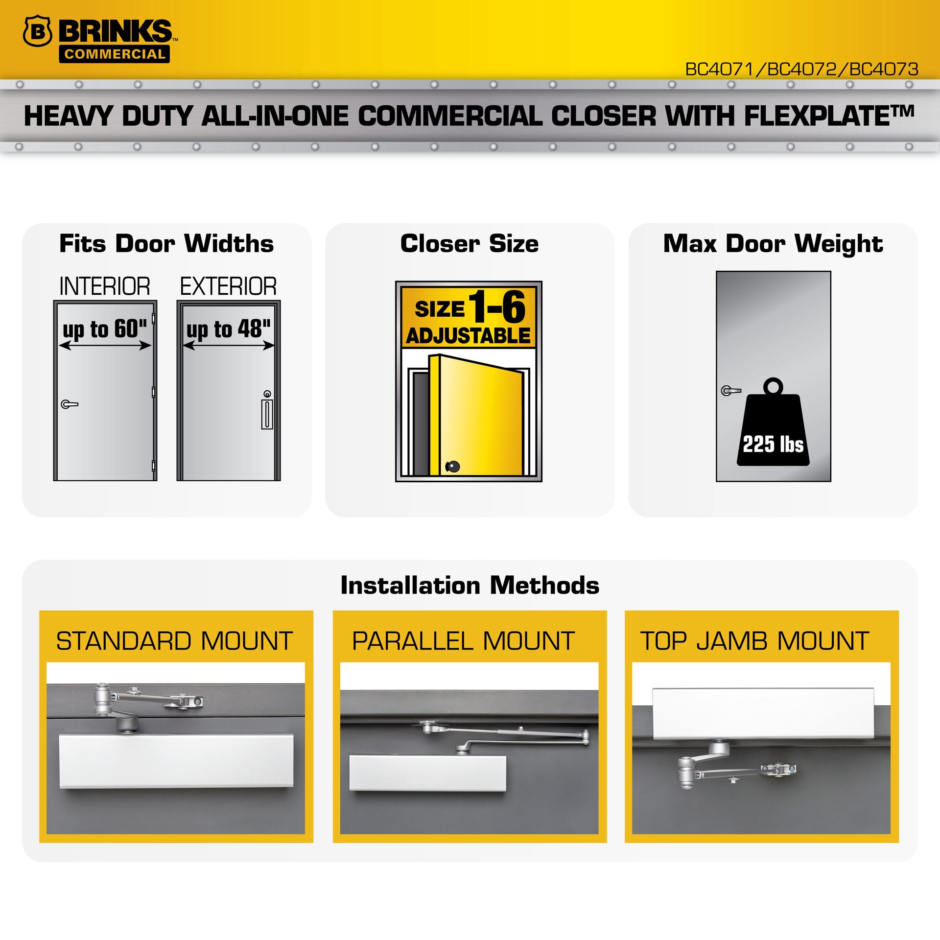 slide 6 of 6, BRINKS COMMERCIAL Grade 1 FlexPlate All-in-One Aluminum Commercial Door Closer, 1 ct