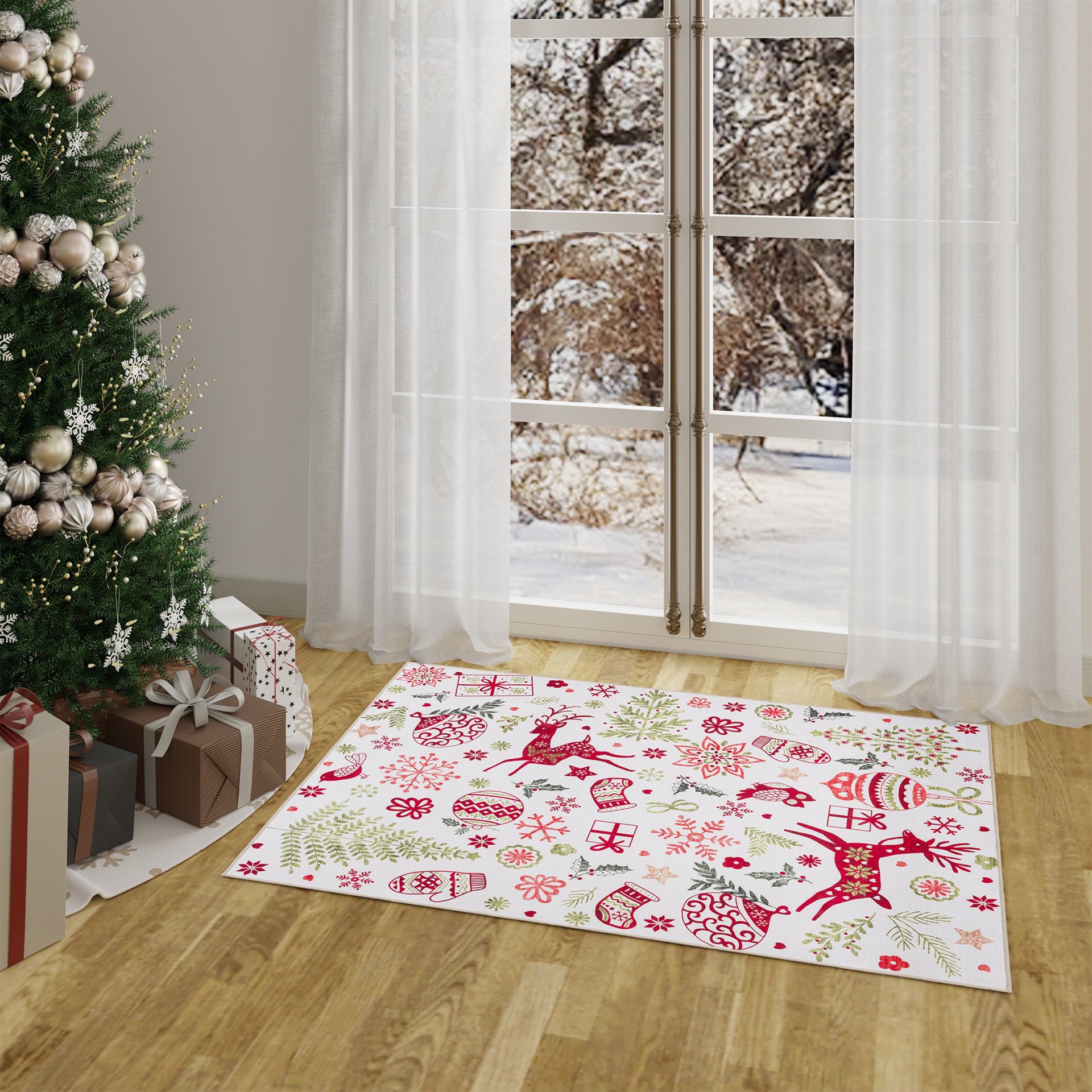 slide 1 of 6, Holiday Living Christmas 3 x 5 (ft) Loomed White Holiday Icons Rectangular Indoor Pet Friendly Area rug, 1 ct