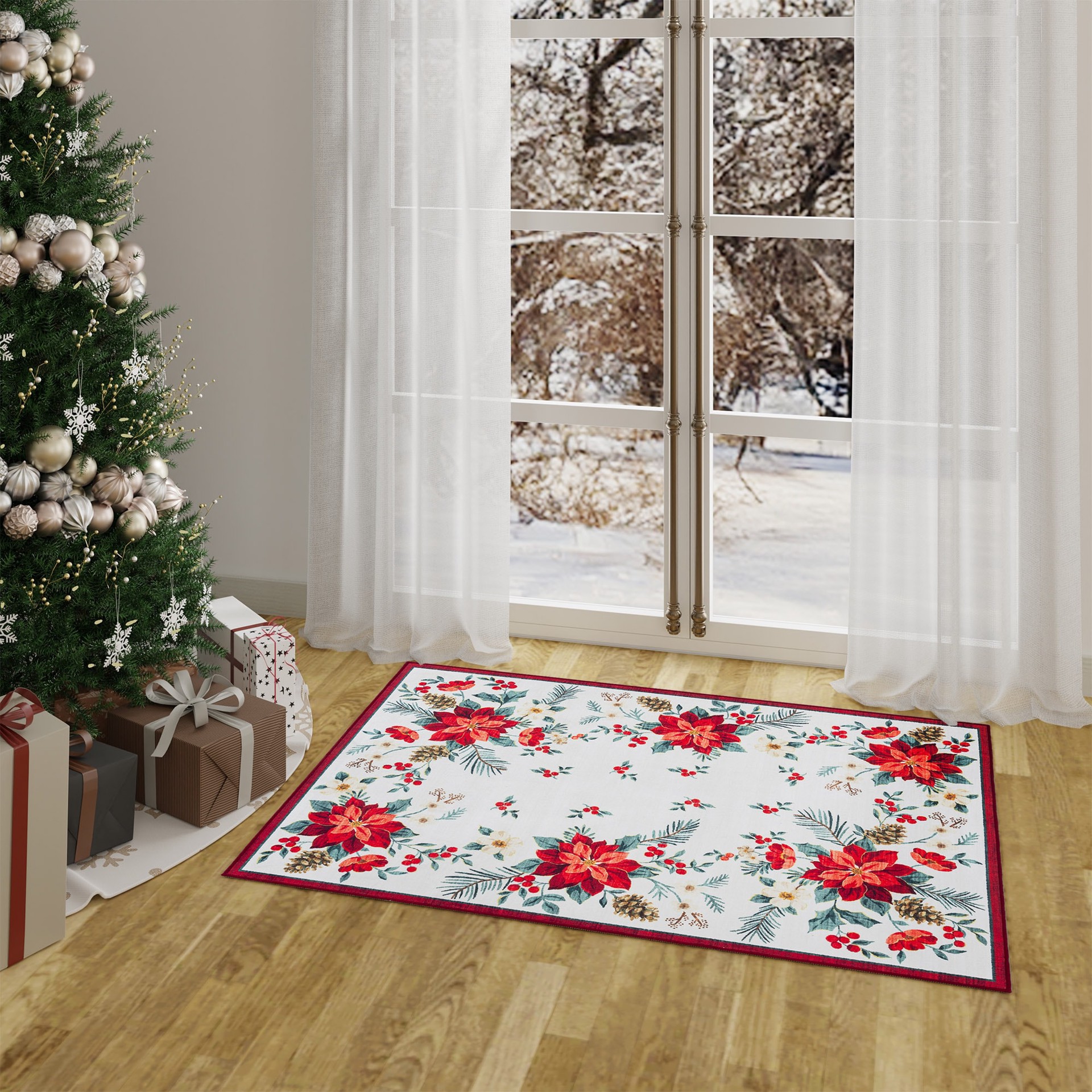 slide 1 of 6, Holiday Living Christmas 3 x 5 (ft) Loomed White Poinsetia Rectangular Indoor Floral/Botanical Pet Friendly Area rug, 1 ct