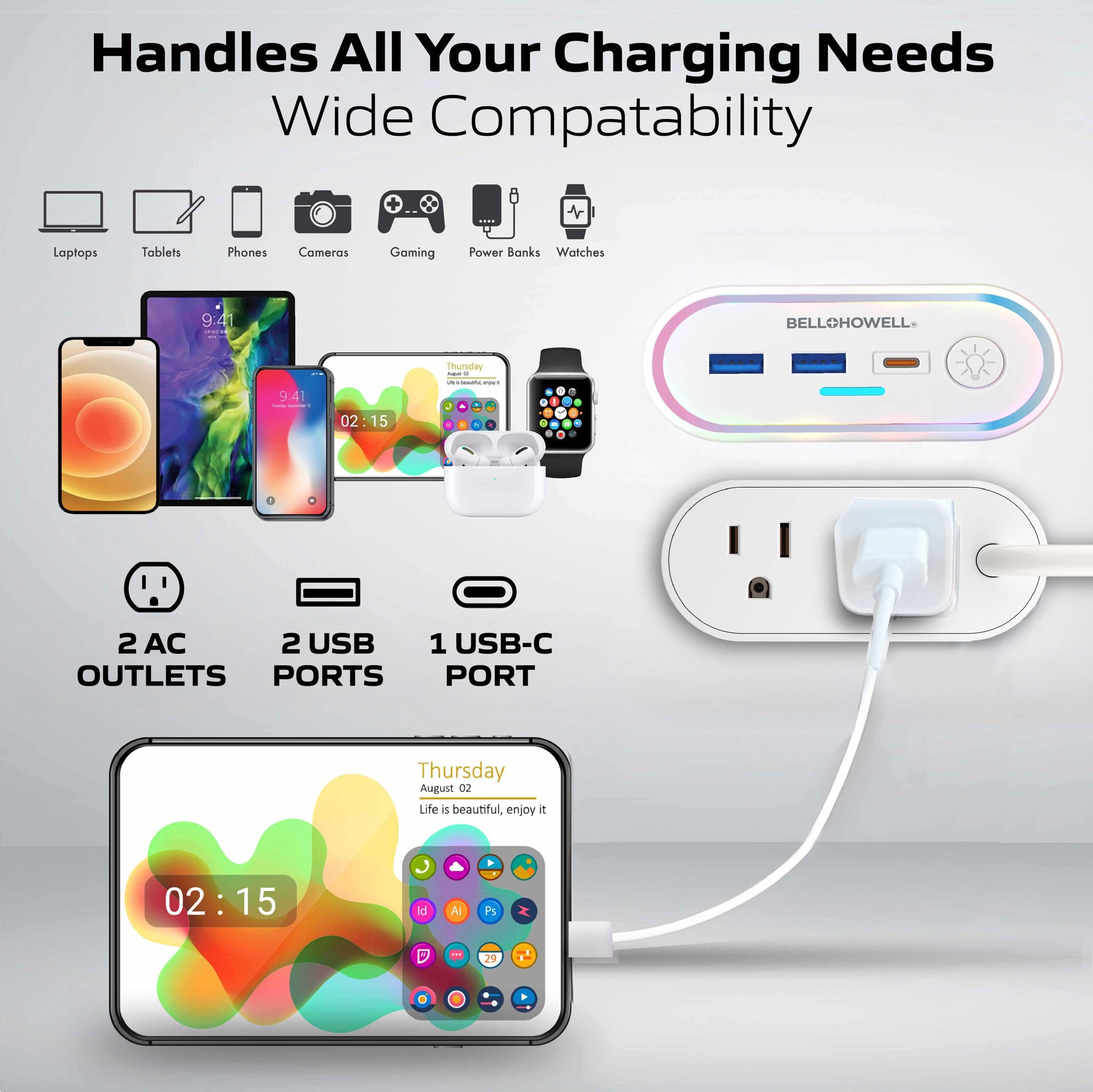 slide 3 of 6, BELL + HOWELL 3-ft LED Surge 5 -Outlet 600 Joules 1250 -Watts 1100VA White Indoor USB AC Surge Protector, 1 ct