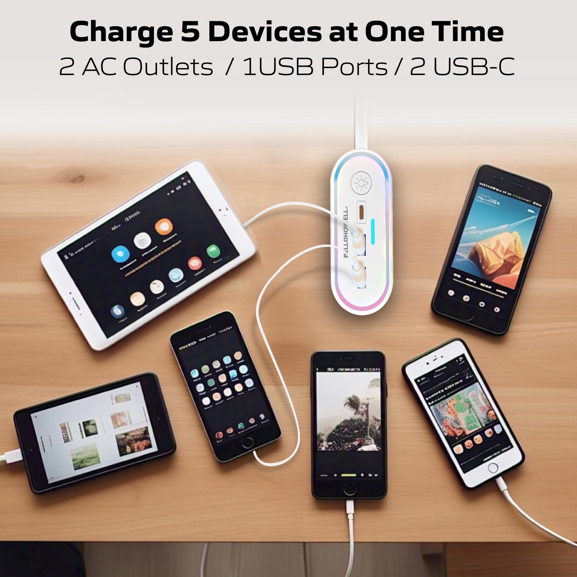 slide 4 of 6, BELL + HOWELL 3-ft LED Surge 5 -Outlet 600 Joules 1250 -Watts 1100VA White Indoor USB AC Surge Protector, 1 ct